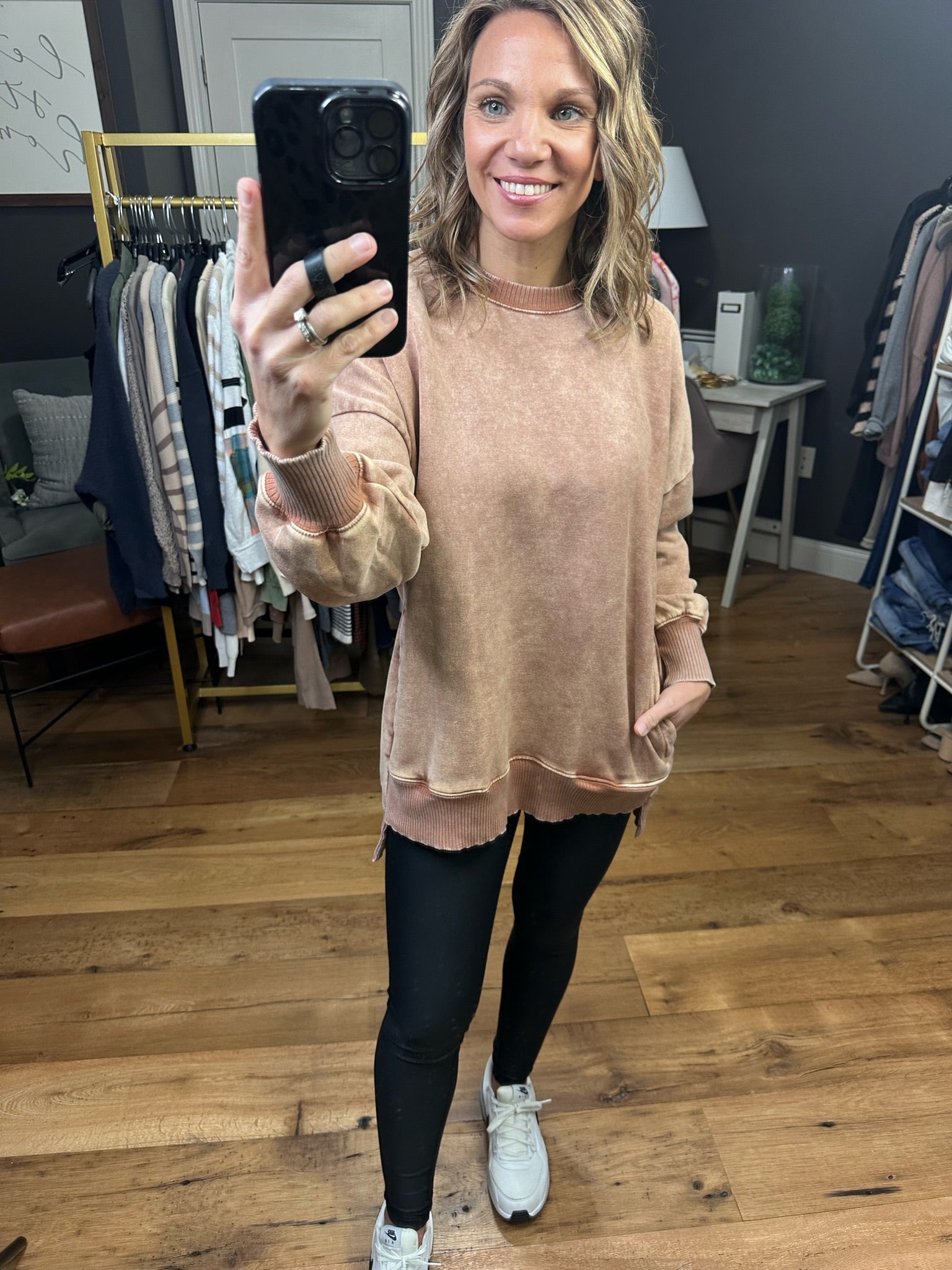 Interested To See Mineral Wash Pocket Crewneck Sweatshirt - Rust-Sweaters-Zenana OTW-4552y-Anna Kaytes Boutique, Women's Fashion Boutique in Grinnell, Iowa