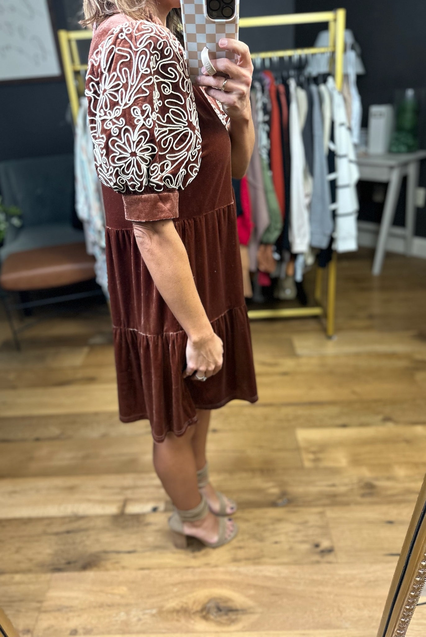 Ties To You Crushed Velvet Dress - Cinnamon-Entro-Anna Kaytes Boutique, Women's Fashion Boutique in Grinnell, Iowa
