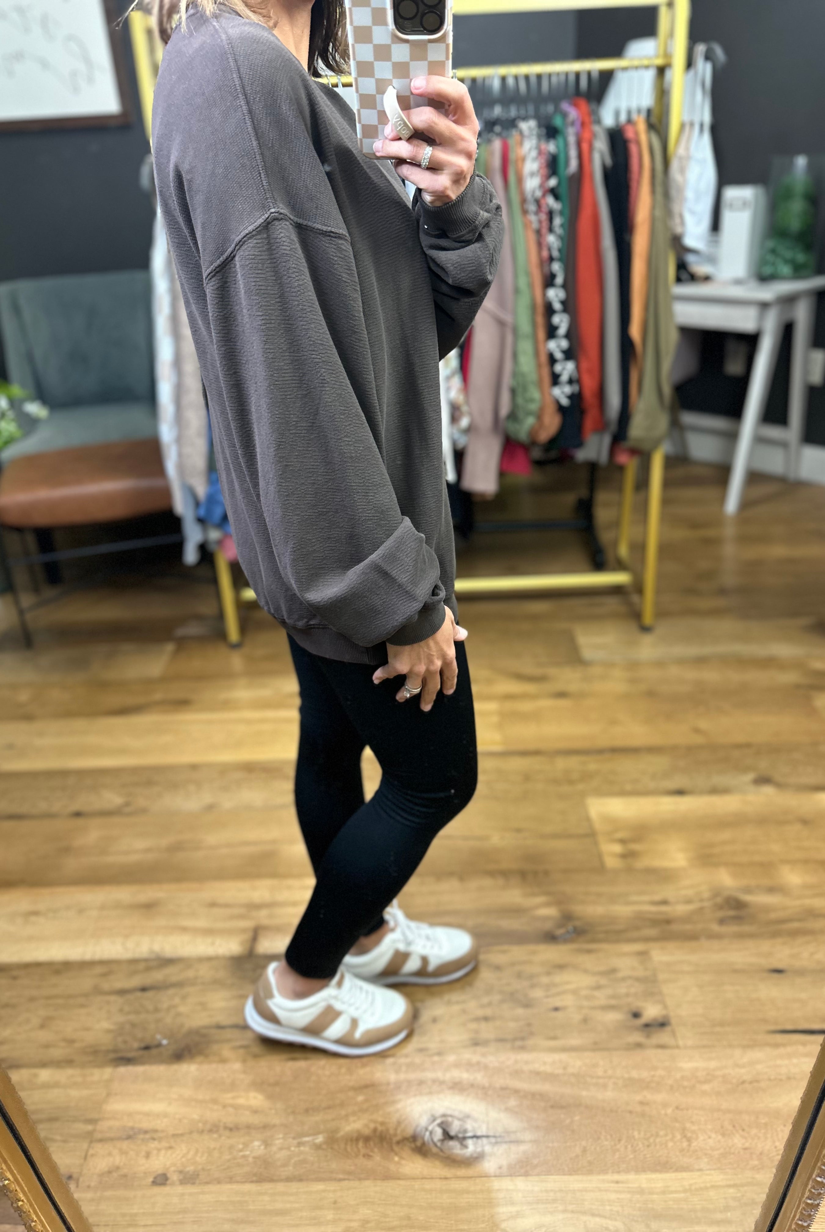 Cassidy Textured Crewneck in Chocolate-Mono B-Anna Kaytes Boutique, Women's Fashion Boutique in Grinnell, Iowa