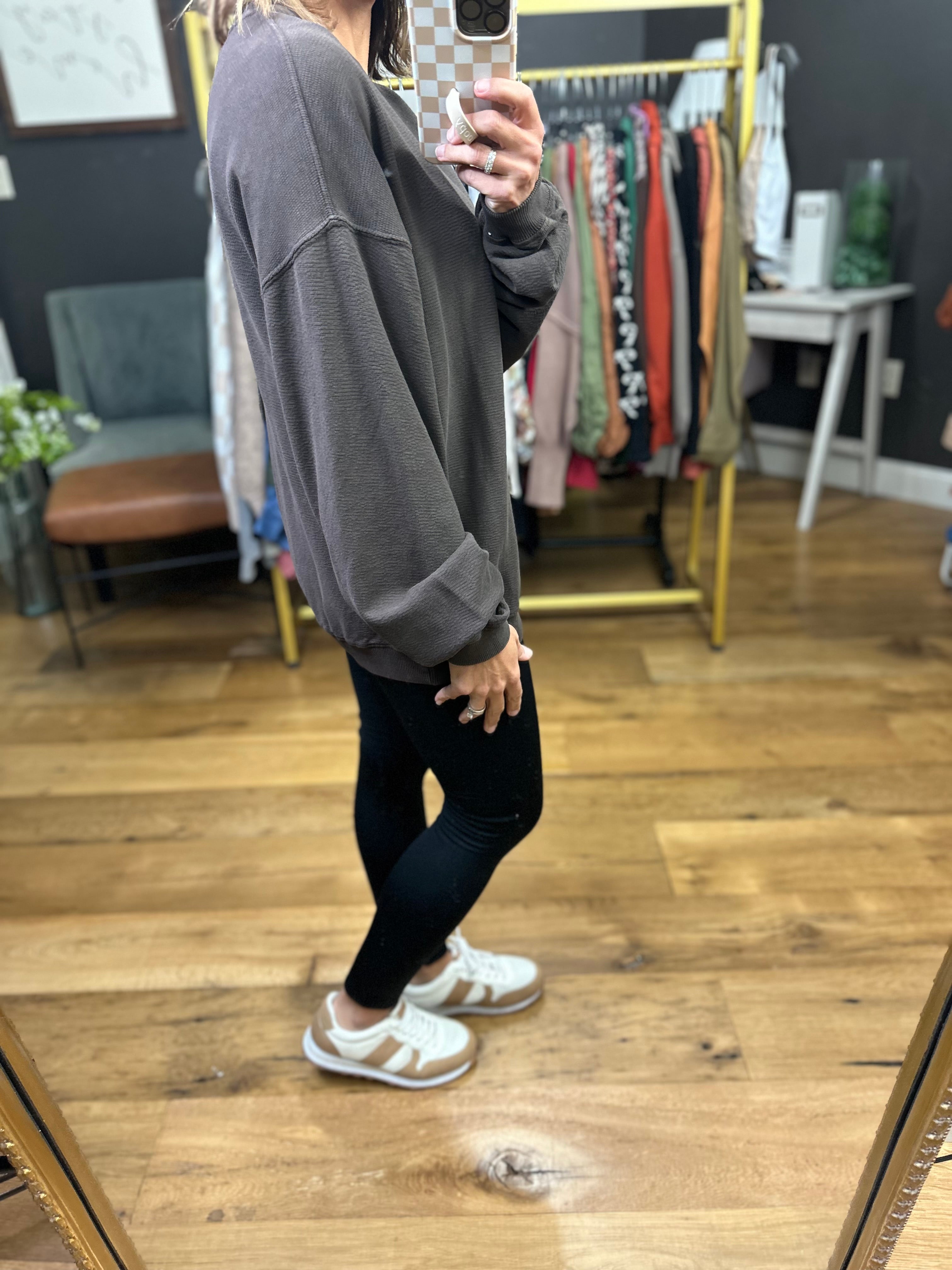 Cassidy Textured Crewneck in Chocolate-Mono B-Anna Kaytes Boutique, Women's Fashion Boutique in Grinnell, Iowa