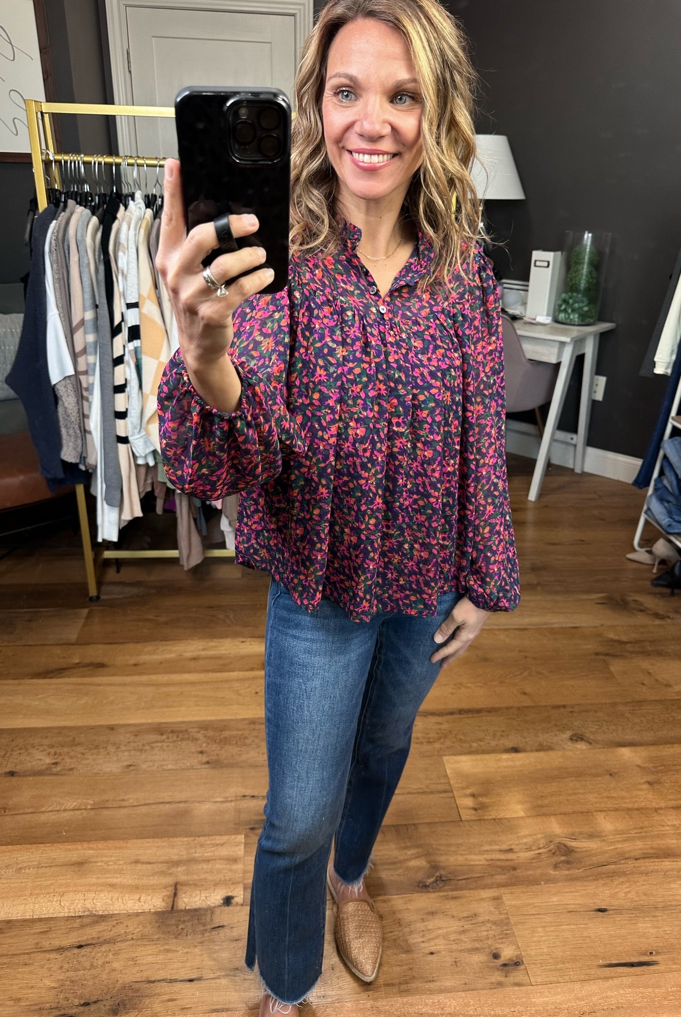 Seeing You Soon Floral Balloon Sleeve Top - Navy/Magenta-Long Sleeves-Skies Are Blue 45289-Anna Kaytes Boutique, Women's Fashion Boutique in Grinnell, Iowa