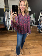 Seeing You Soon Floral Balloon Sleeve Top - Navy/Magenta-Long Sleeves-Skies Are Blue 45289-Anna Kaytes Boutique, Women's Fashion Boutique in Grinnell, Iowa