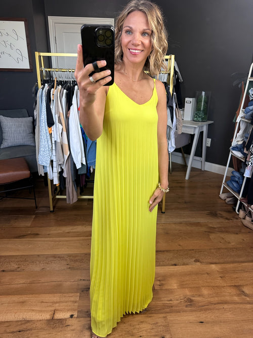 Moonlight In Mexico Pleated Maxi Dress - Lime Yellow