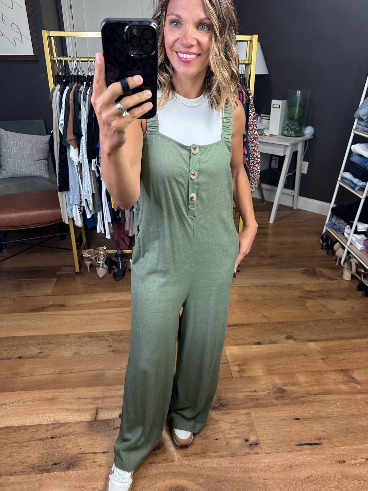 Always Listening Wide-Leg Jumpsuit - Olive-Jumpsuits-Wishlist WL22-7147-Anna Kaytes Boutique, Women's Fashion Boutique in Grinnell, Iowa