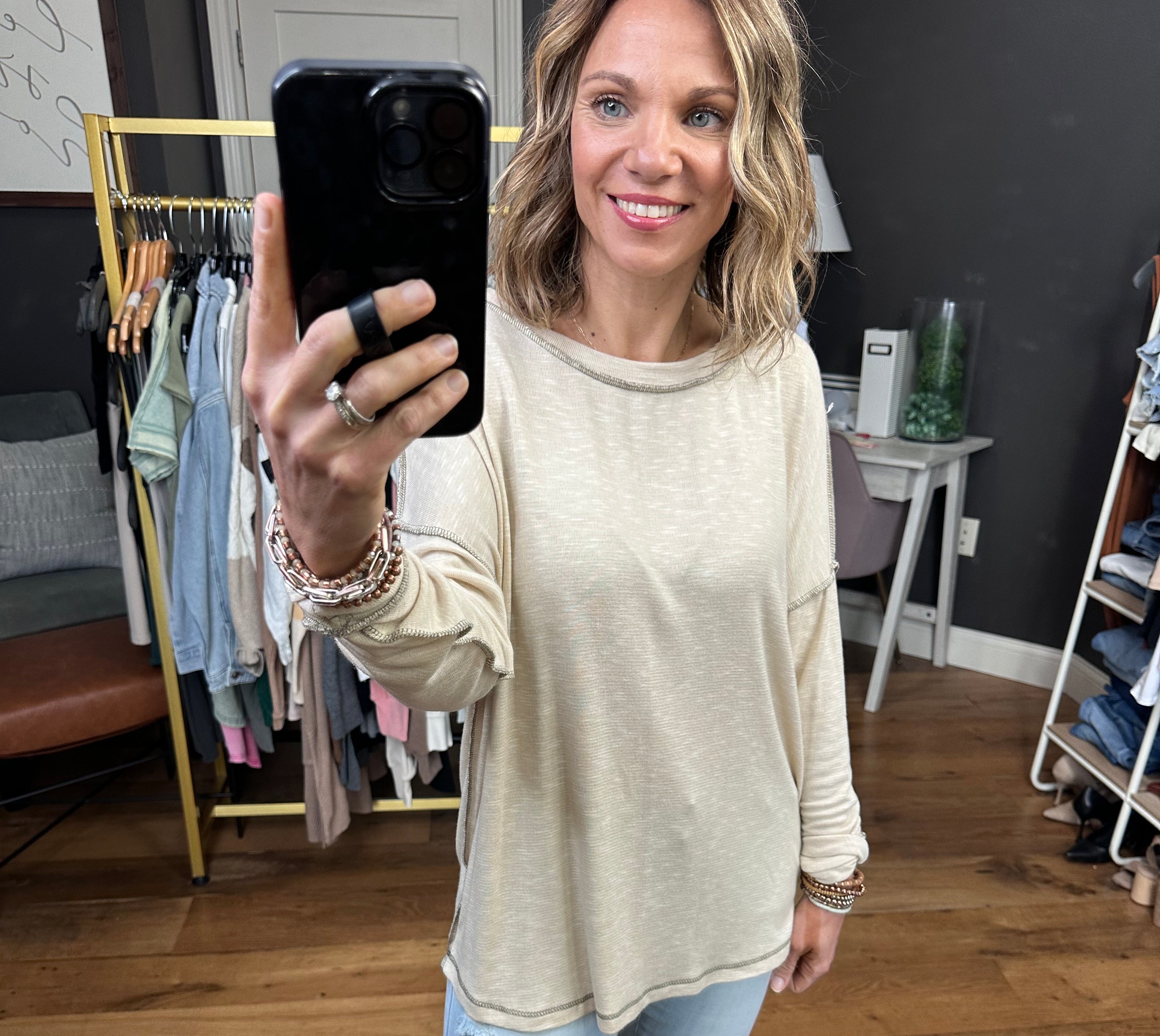 True Already Washed Raw Hem Long Sleeve Top - Oatmeal-Long Sleeves-Staccato 17125c-Anna Kaytes Boutique, Women's Fashion Boutique in Grinnell, Iowa