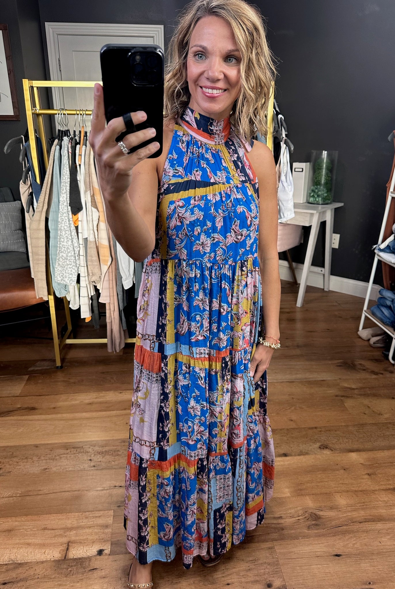 Heart of Gold High-Neck Patchwork Dress - Blue Combo-Dresses-Entro-Anna Kaytes Boutique, Women's Fashion Boutique in Grinnell, Iowa