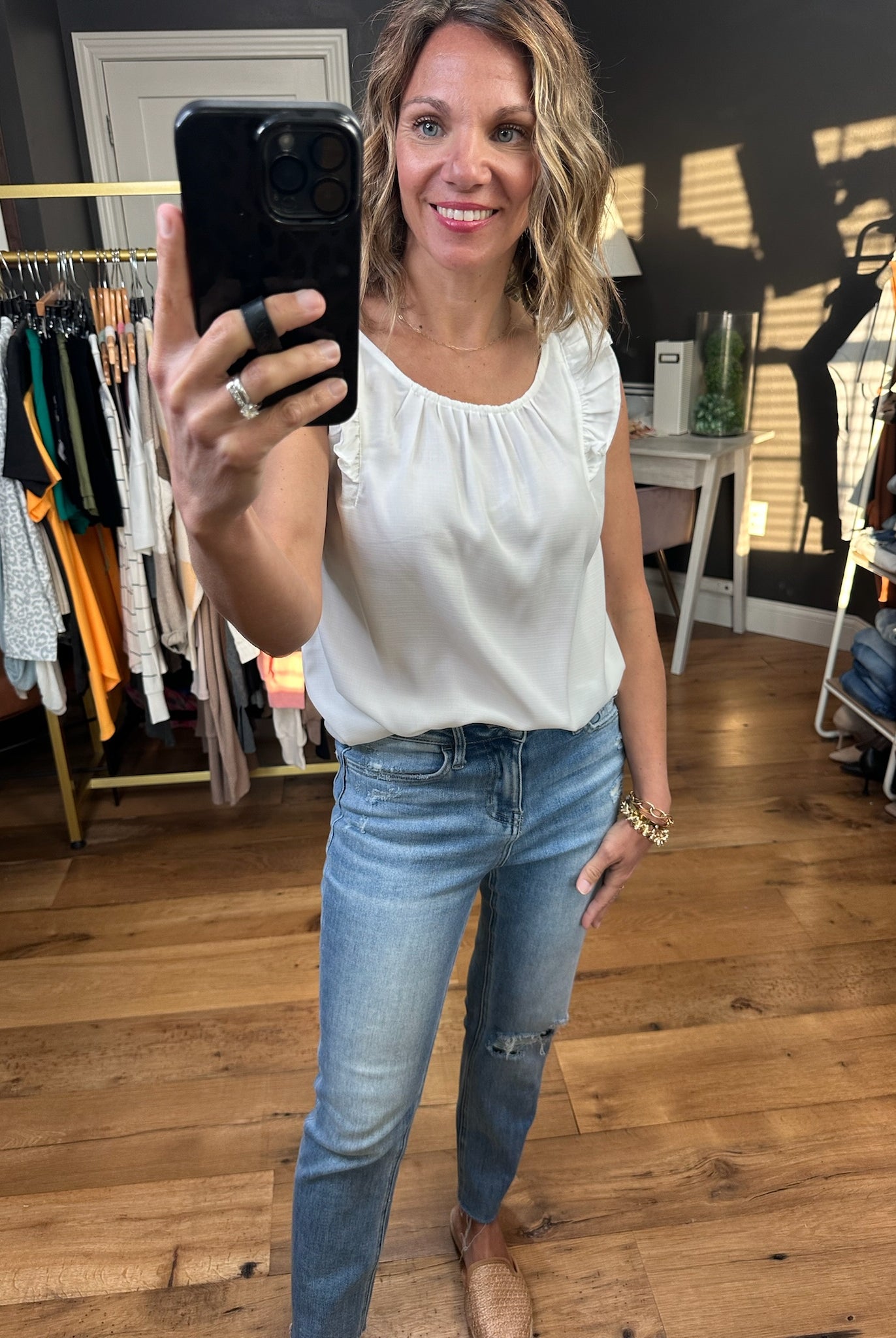 That Girl Flutter Sleeve Top - Ivory-Short Sleeves-Staccato 18725D-Anna Kaytes Boutique, Women's Fashion Boutique in Grinnell, Iowa