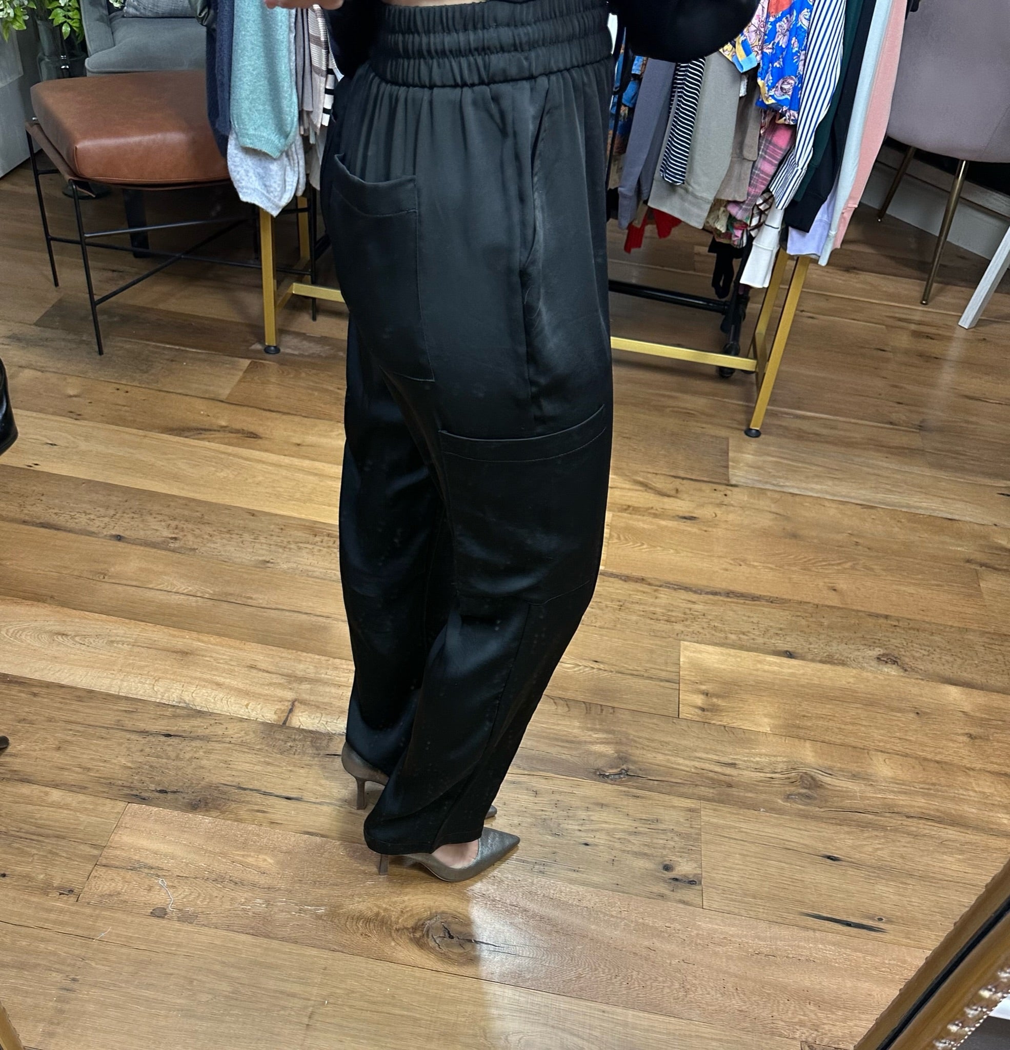 Go My Way Satin High-Waisted Pant - Black-Pants-Skies Are Blue 74145-Anna Kaytes Boutique, Women's Fashion Boutique in Grinnell, Iowa