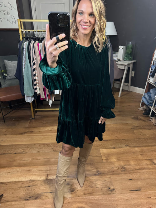 Telling Stories Velour Tiered Dress - Hunter Green-Entro D21901-Anna Kaytes Boutique, Women's Fashion Boutique in Grinnell, Iowa