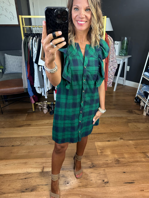 Best Feelings Plaid Dress With Flutter Detail - Green/Navy-Entro D21070-Anna Kaytes Boutique, Women's Fashion Boutique in Grinnell, Iowa