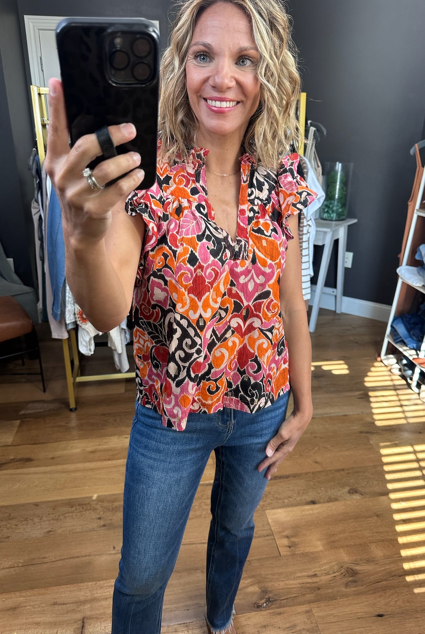 Never Look Back Patterned V-Neck Top - Black Combo-Short Sleeves-Olivaceous-Anna Kaytes Boutique, Women's Fashion Boutique in Grinnell, Iowa