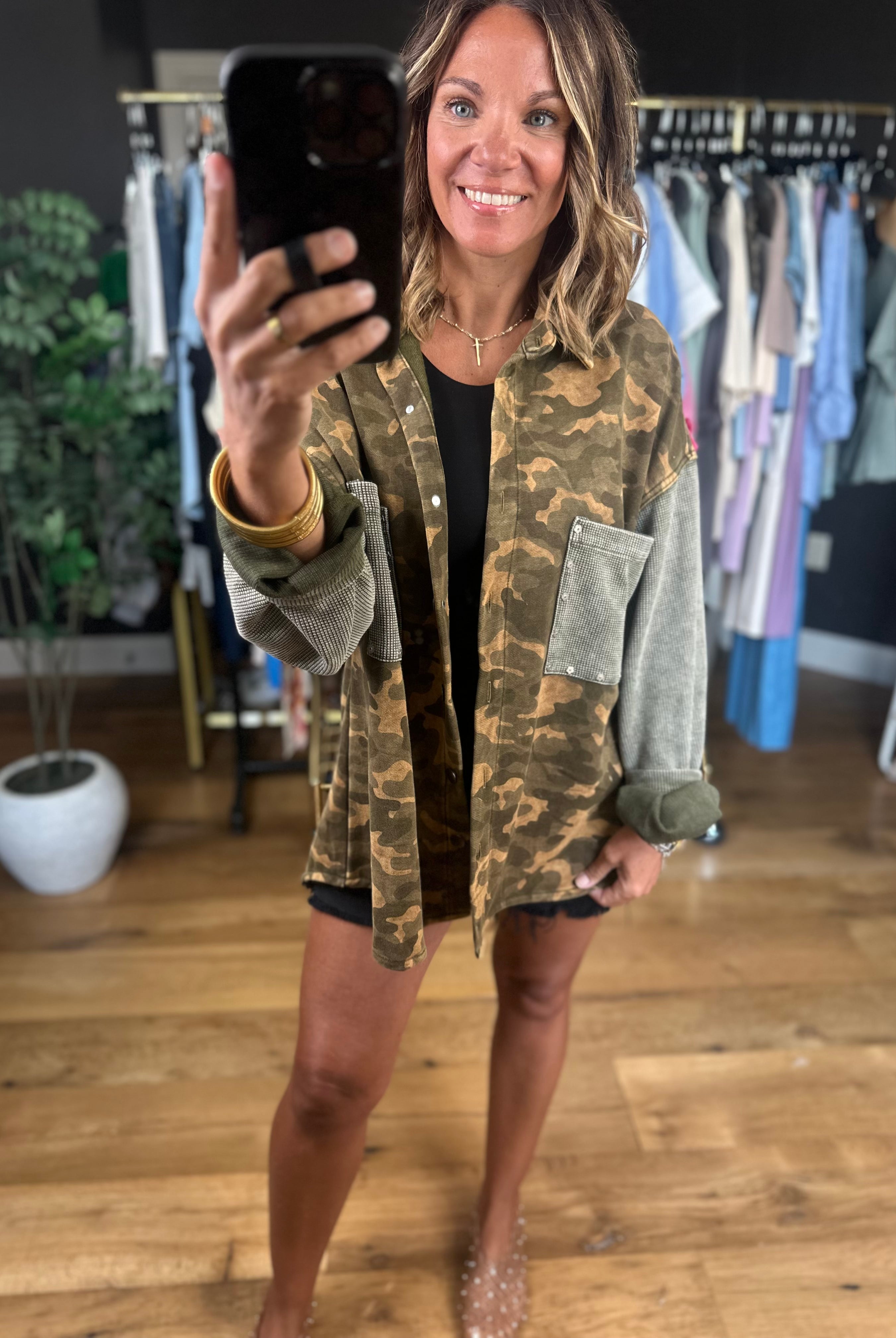 Out There Camo Jacket-Jackets-POL-Anna Kaytes Boutique, Women's Fashion Boutique in Grinnell, Iowa