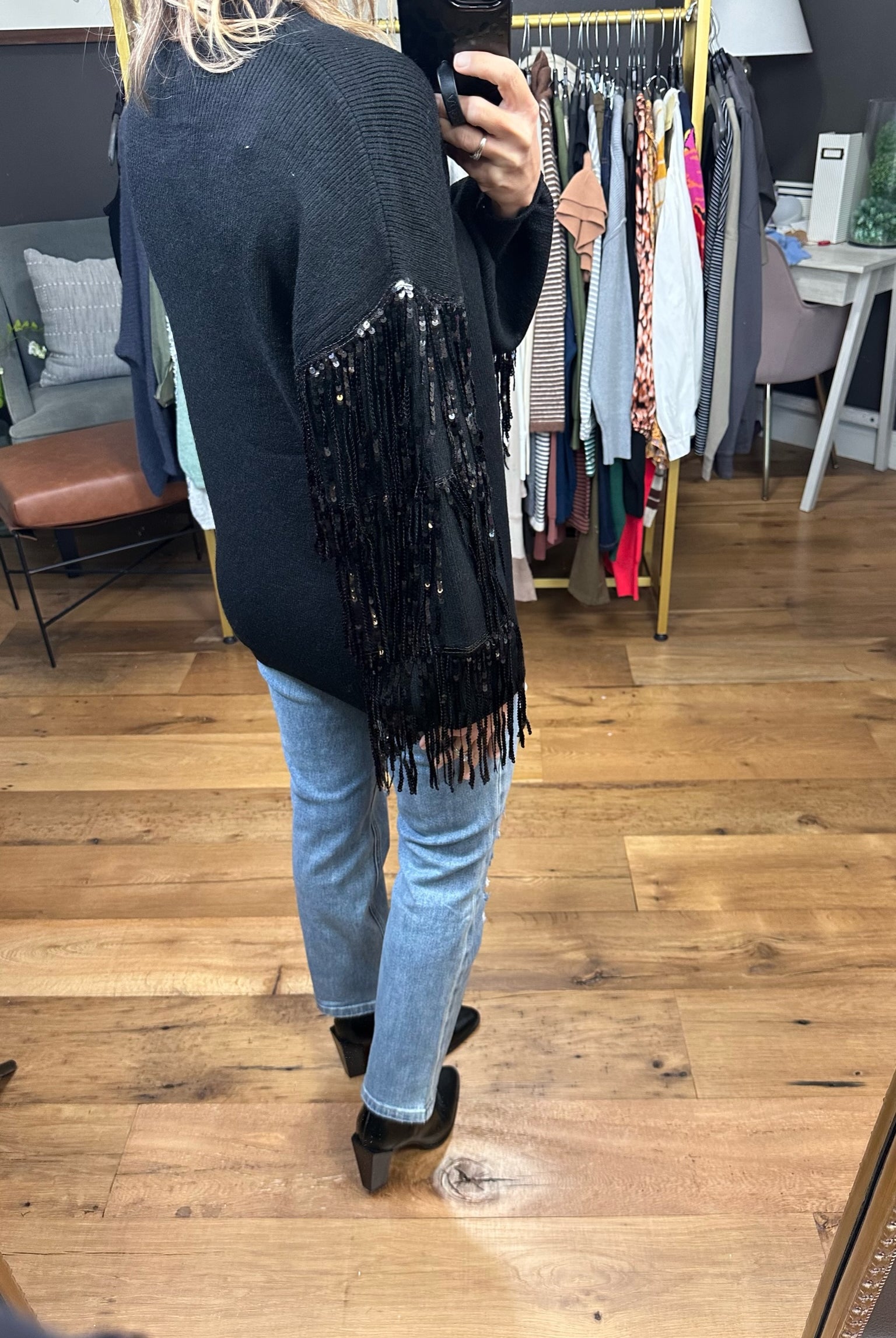 The Right Moves Fringe + Sequin Sleeve Sweater - Black-Sweaters-Listicle LSW0834-Anna Kaytes Boutique, Women's Fashion Boutique in Grinnell, Iowa
