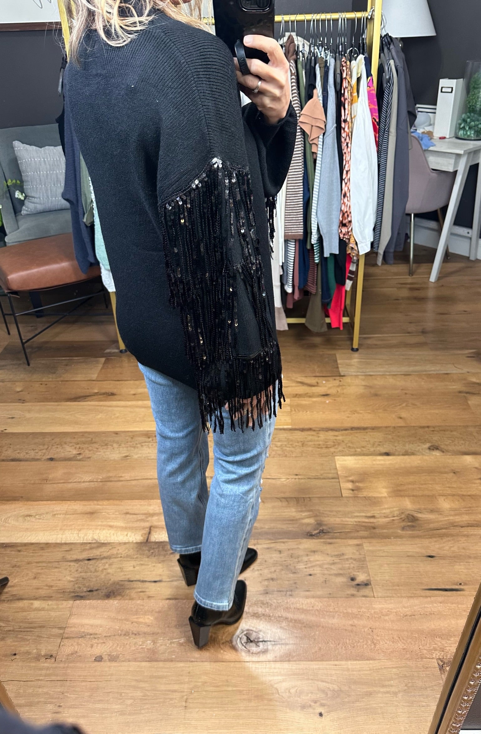 The Right Moves Fringe + Sequin Sleeve Sweater - Black-Sweaters-Listicle LSW0834-Anna Kaytes Boutique, Women's Fashion Boutique in Grinnell, Iowa