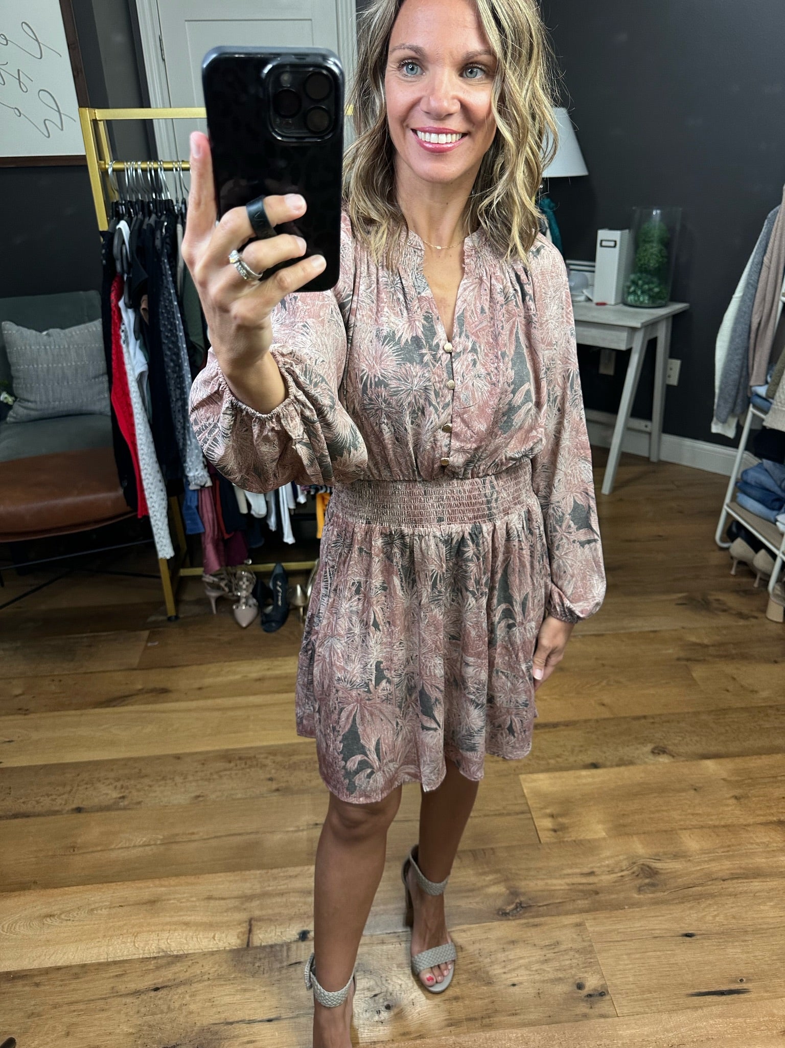 Better Than Real Floral Smock Detail Dress - Mauve/Grey-Dresses-Entro D21673-Anna Kaytes Boutique, Women's Fashion Boutique in Grinnell, Iowa