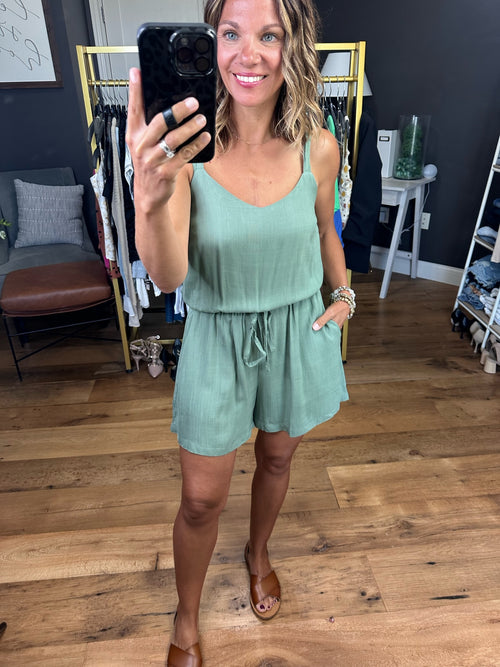 Just Getting Good Tie-Waist Romper - Spruce-Be Cool 90701-Anna Kaytes Boutique, Women's Fashion Boutique in Grinnell, Iowa