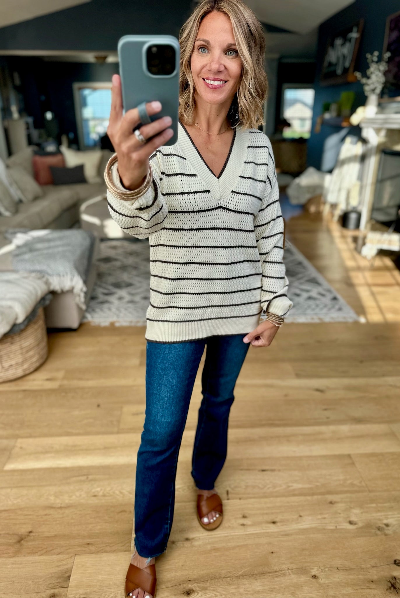 Newly Discovered Striped V-Neck Knit Sweater-Thread & Supply-Anna Kaytes Boutique, Women's Fashion Boutique in Grinnell, Iowa
