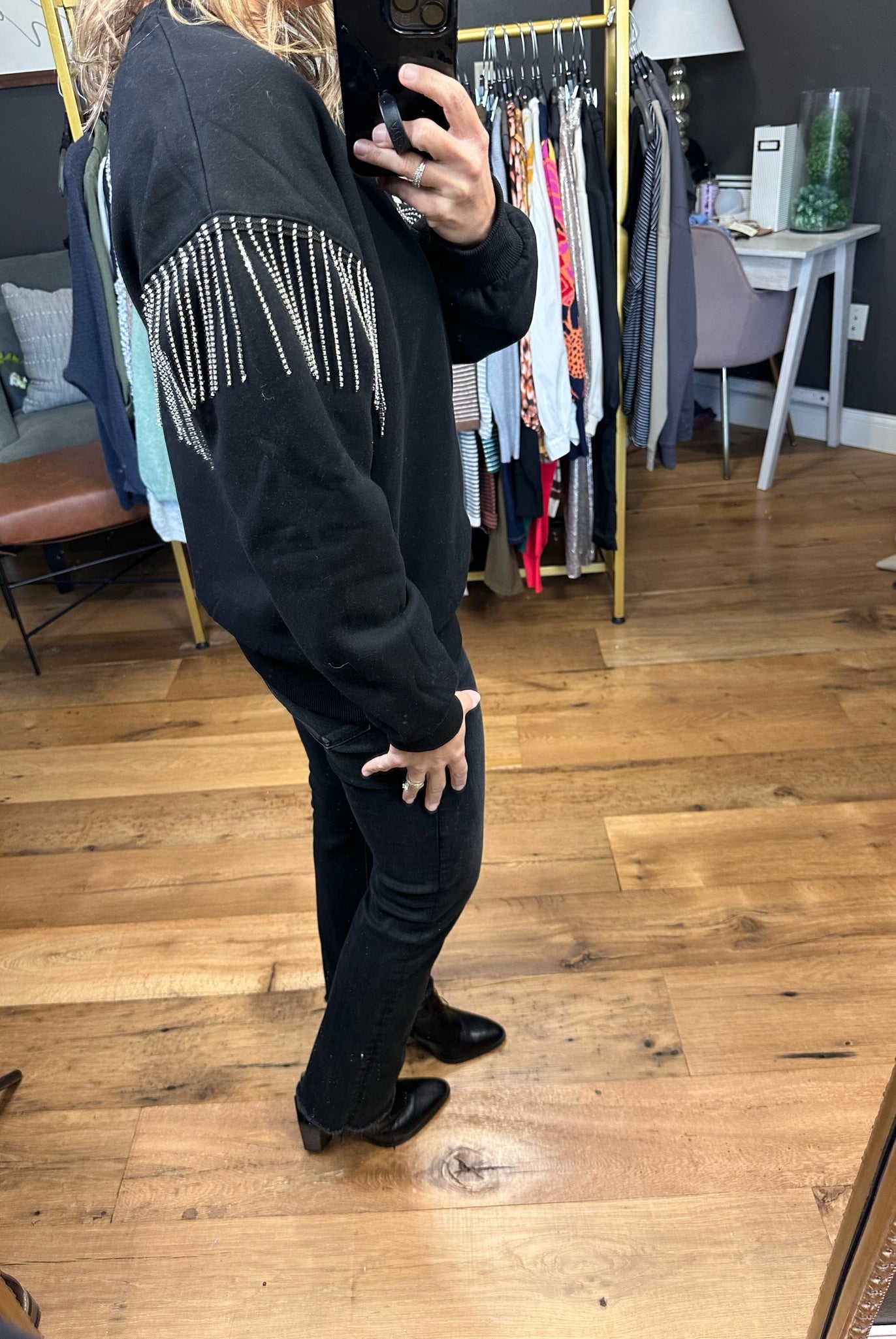 Feelin’ Alright Rhinestone Sleeve Crew - Black-Long Sleeves-Skies Are Blue 45499-Anna Kaytes Boutique, Women's Fashion Boutique in Grinnell, Iowa