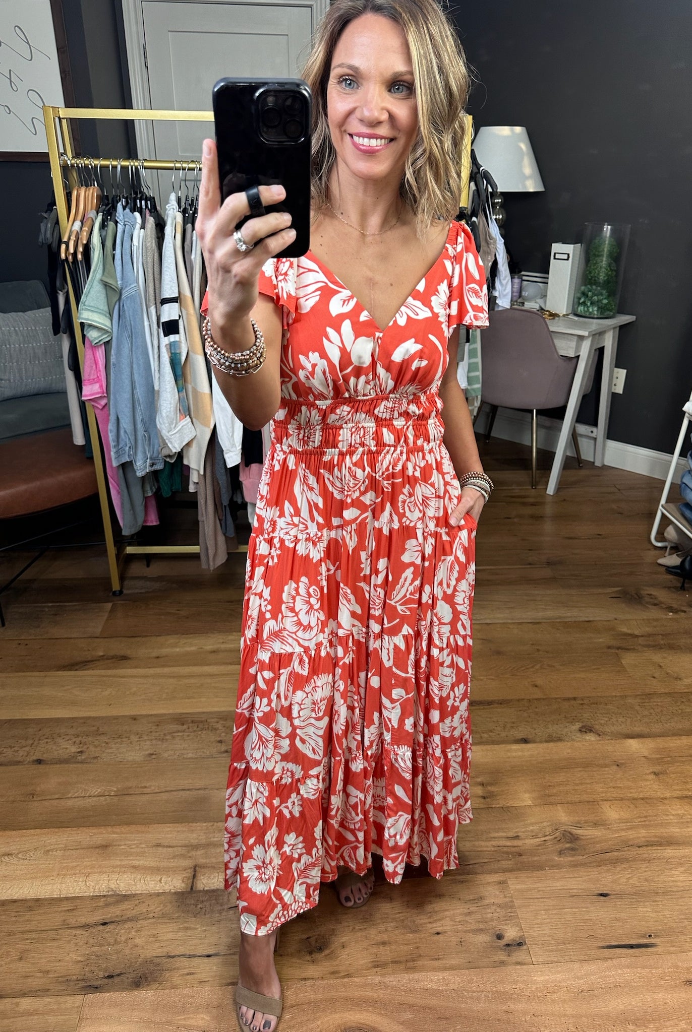 Sunshine State Floral Dress - Deep Orange-Dresses-Entro D22320-Anna Kaytes Boutique, Women's Fashion Boutique in Grinnell, Iowa