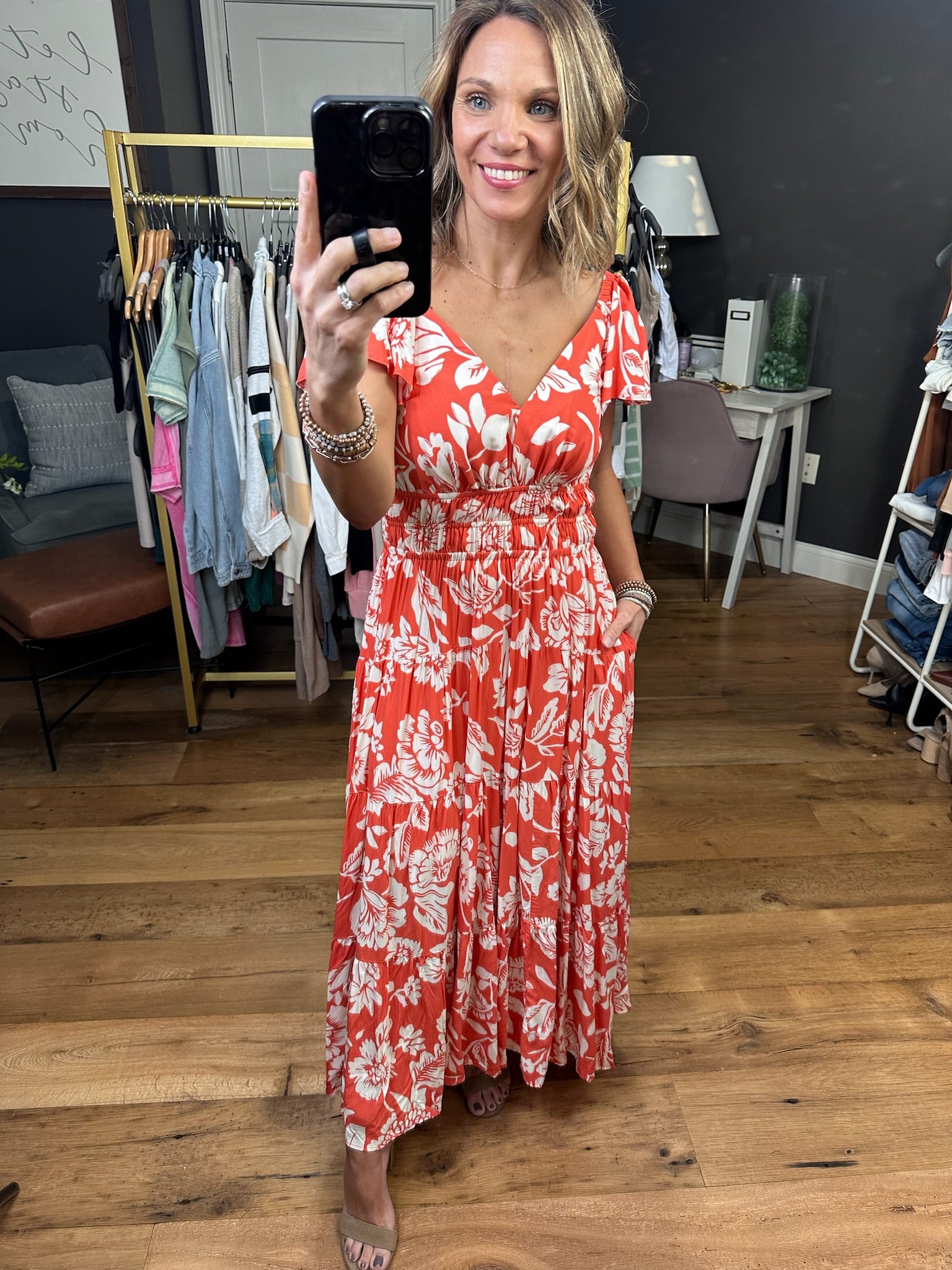 Sunshine State Floral Dress - Deep Orange-Dresses-Entro D22320-Anna Kaytes Boutique, Women's Fashion Boutique in Grinnell, Iowa