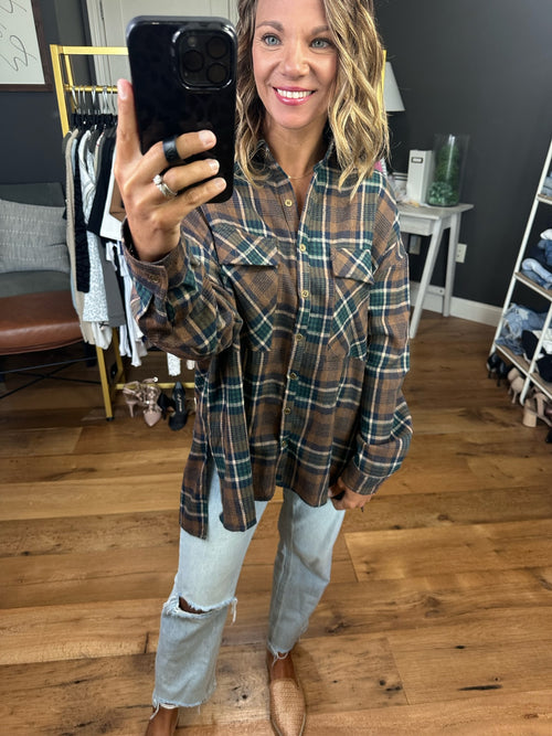 By The Fire Button-Down Plaid Top - Mocha-Entro T21164-Anna Kaytes Boutique, Women's Fashion Boutique in Grinnell, Iowa
