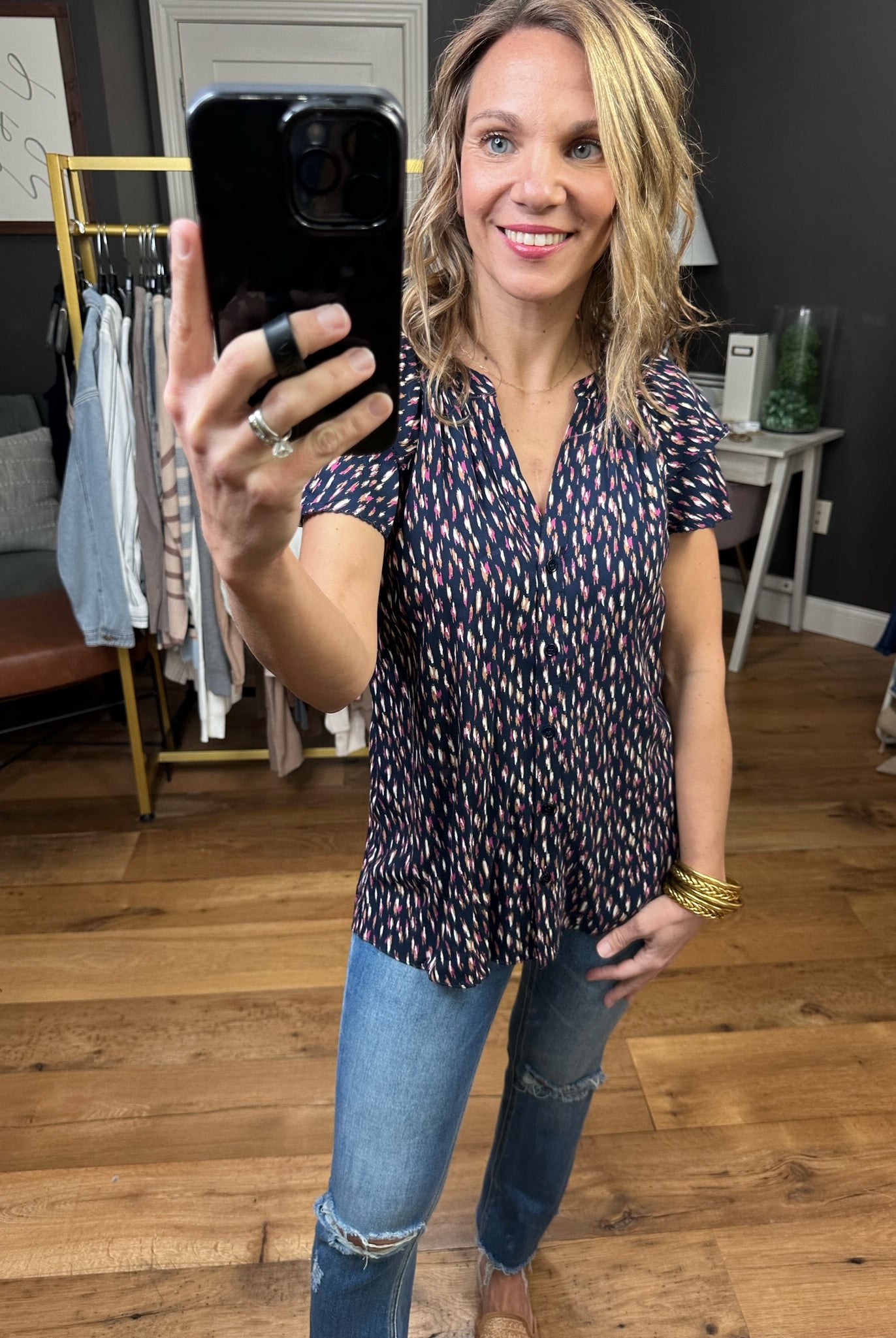 In The Best Way Flutter Sleeve Patterned Top - Navy-Short Sleeves-Skies ArE Blue 45306-Anna Kaytes Boutique, Women's Fashion Boutique in Grinnell, Iowa