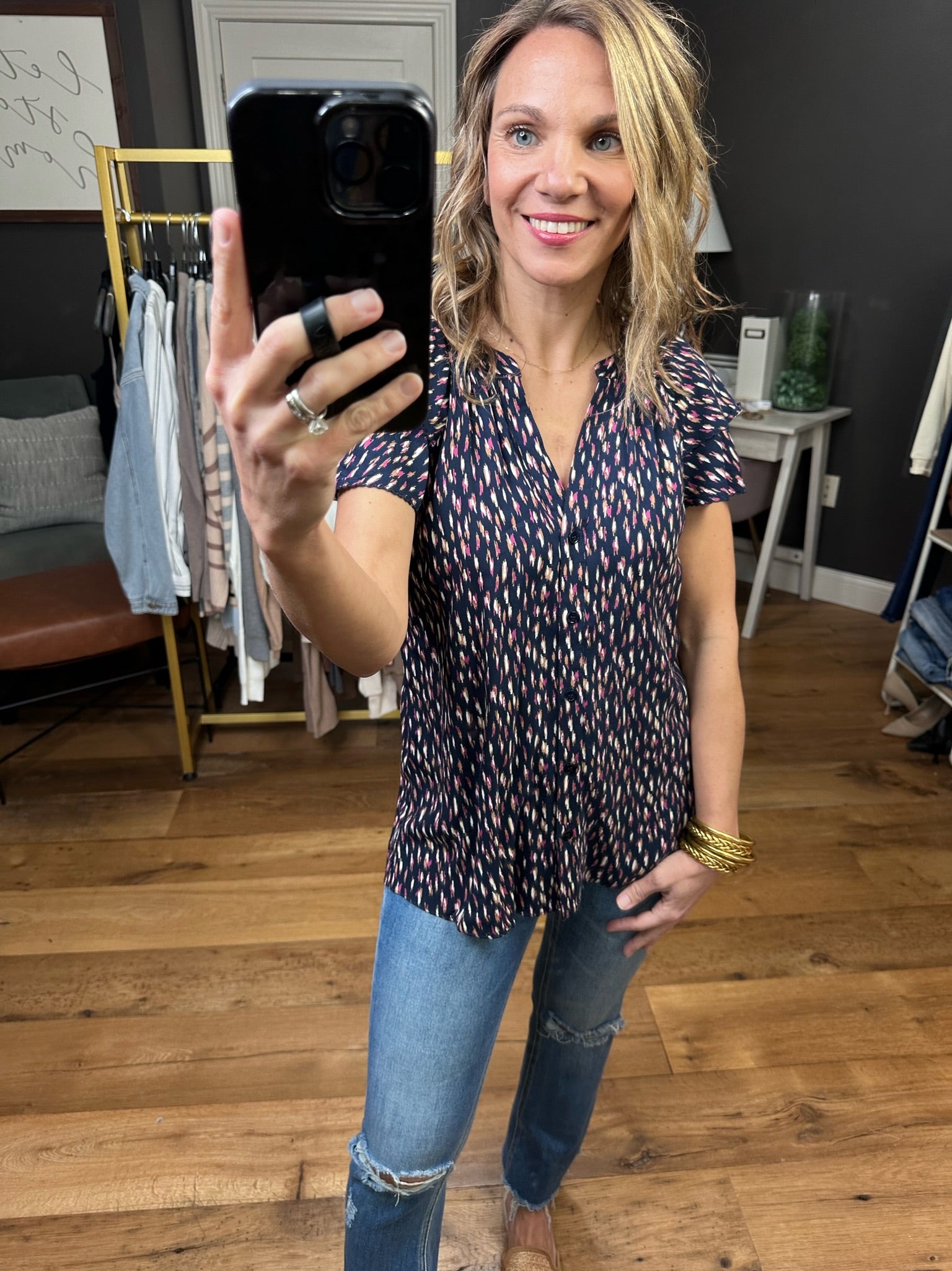 In The Best Way Flutter Sleeve Patterned Top - Navy-Short Sleeves-Skies ArE Blue 45306-Anna Kaytes Boutique, Women's Fashion Boutique in Grinnell, Iowa