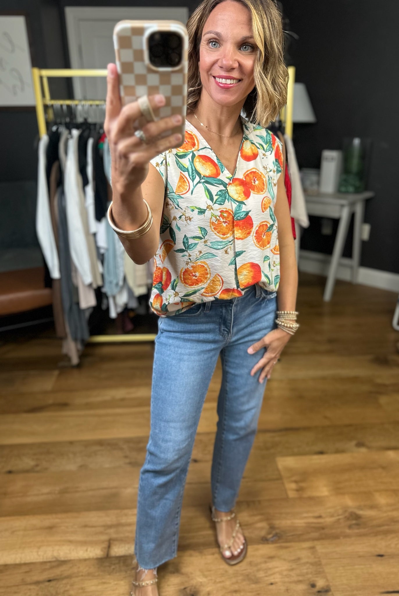 Sun-Kissed Citrus V-Neck Top-Les Amis-Anna Kaytes Boutique, Women's Fashion Boutique in Grinnell, Iowa