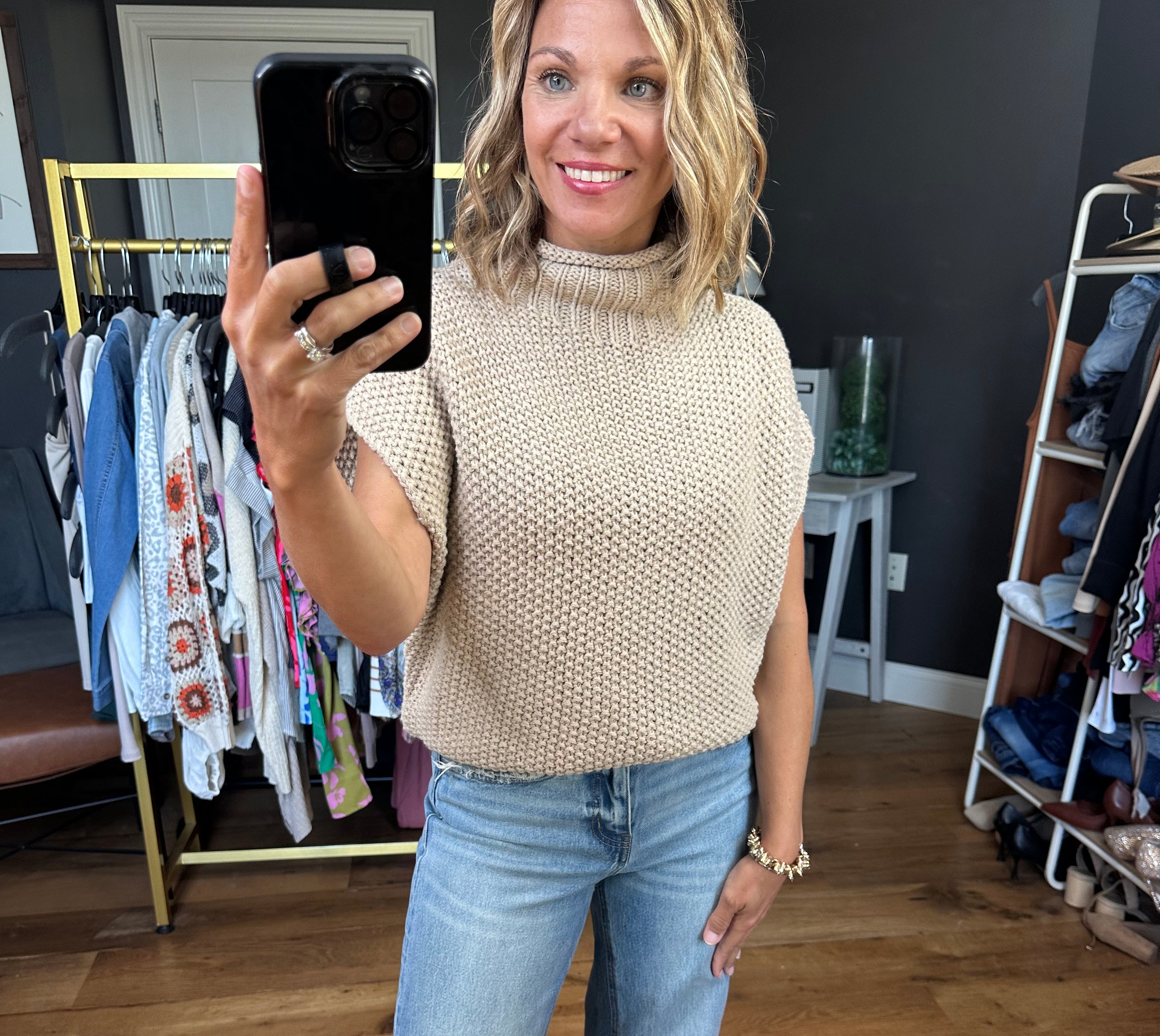 **Take Me Out Mock-Neck Sleeveless Sweater - Light Mocha-Sweaters-She & Sky SS9359-Anna Kaytes Boutique, Women's Fashion Boutique in Grinnell, Iowa