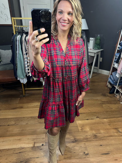 In The Present Plaid Tiered Dress - Red-Entro D21882-Anna Kaytes Boutique, Women's Fashion Boutique in Grinnell, Iowa