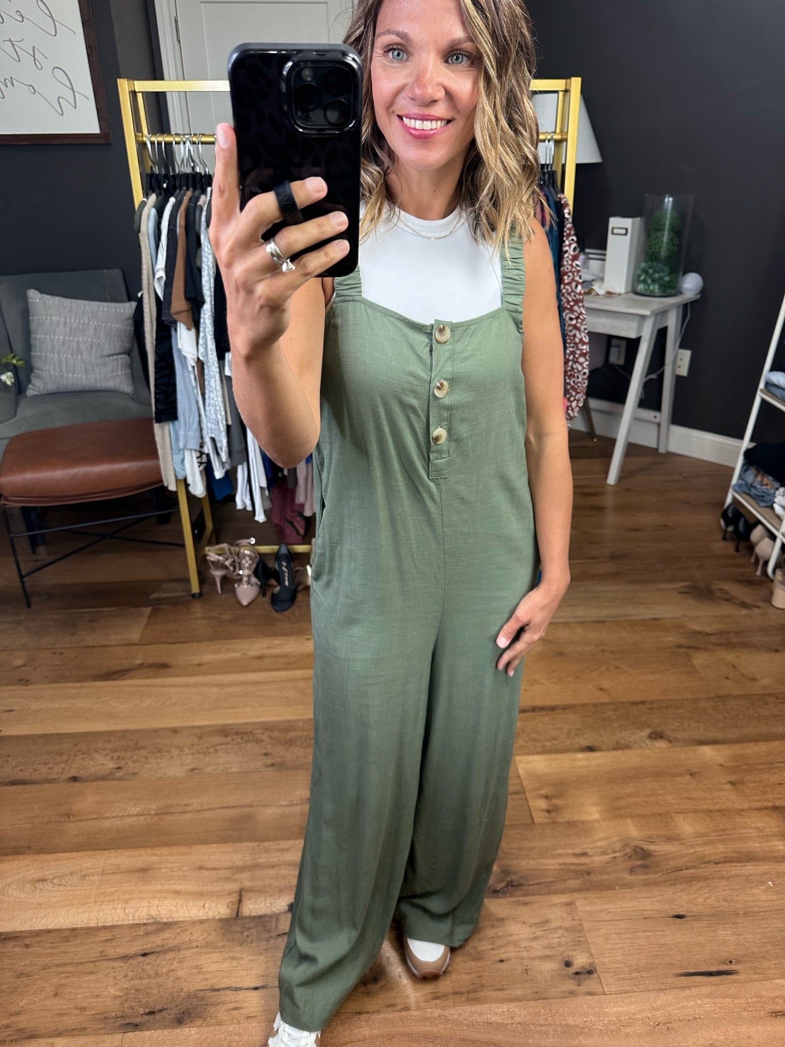 Always Listening Wide-Leg Jumpsuit - Olive-Jumpsuits-Wishlist WL22-7147-Anna Kaytes Boutique, Women's Fashion Boutique in Grinnell, Iowa