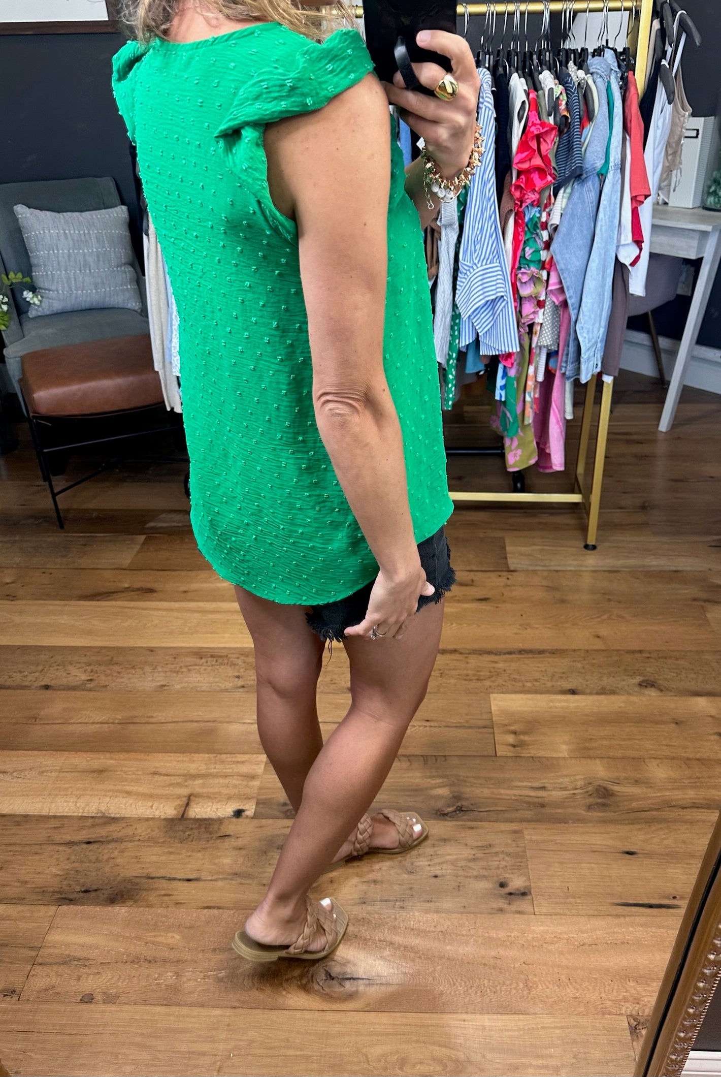 What Happiness Means Swiss Dot Top With Flutter Sleeve - Kelly Green-Short Sleeves-Les Amis T1482-N-Anna Kaytes Boutique, Women's Fashion Boutique in Grinnell, Iowa