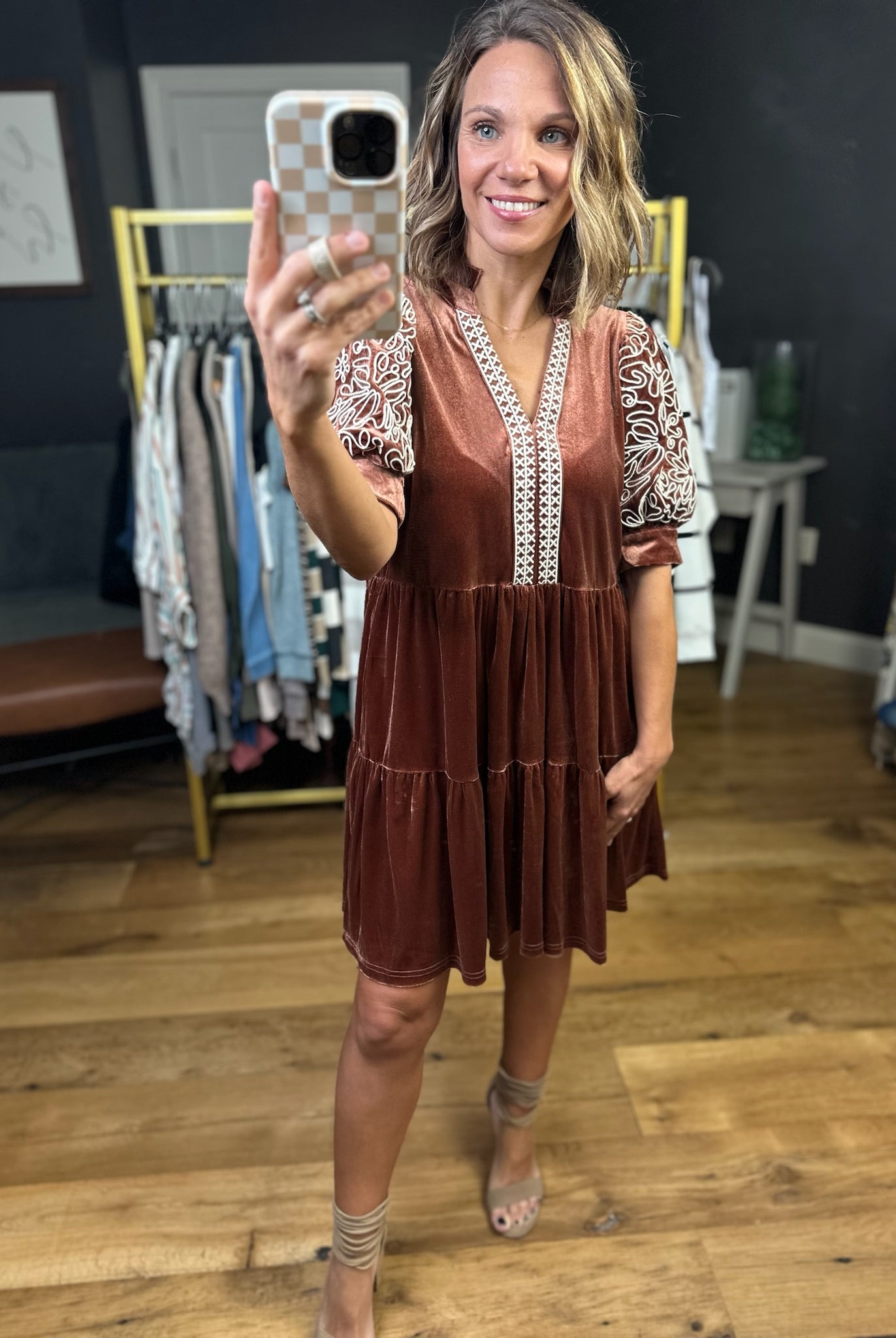 Ties To You Crushed Velvet Dress - Cinnamon-Entro-Anna Kaytes Boutique, Women's Fashion Boutique in Grinnell, Iowa