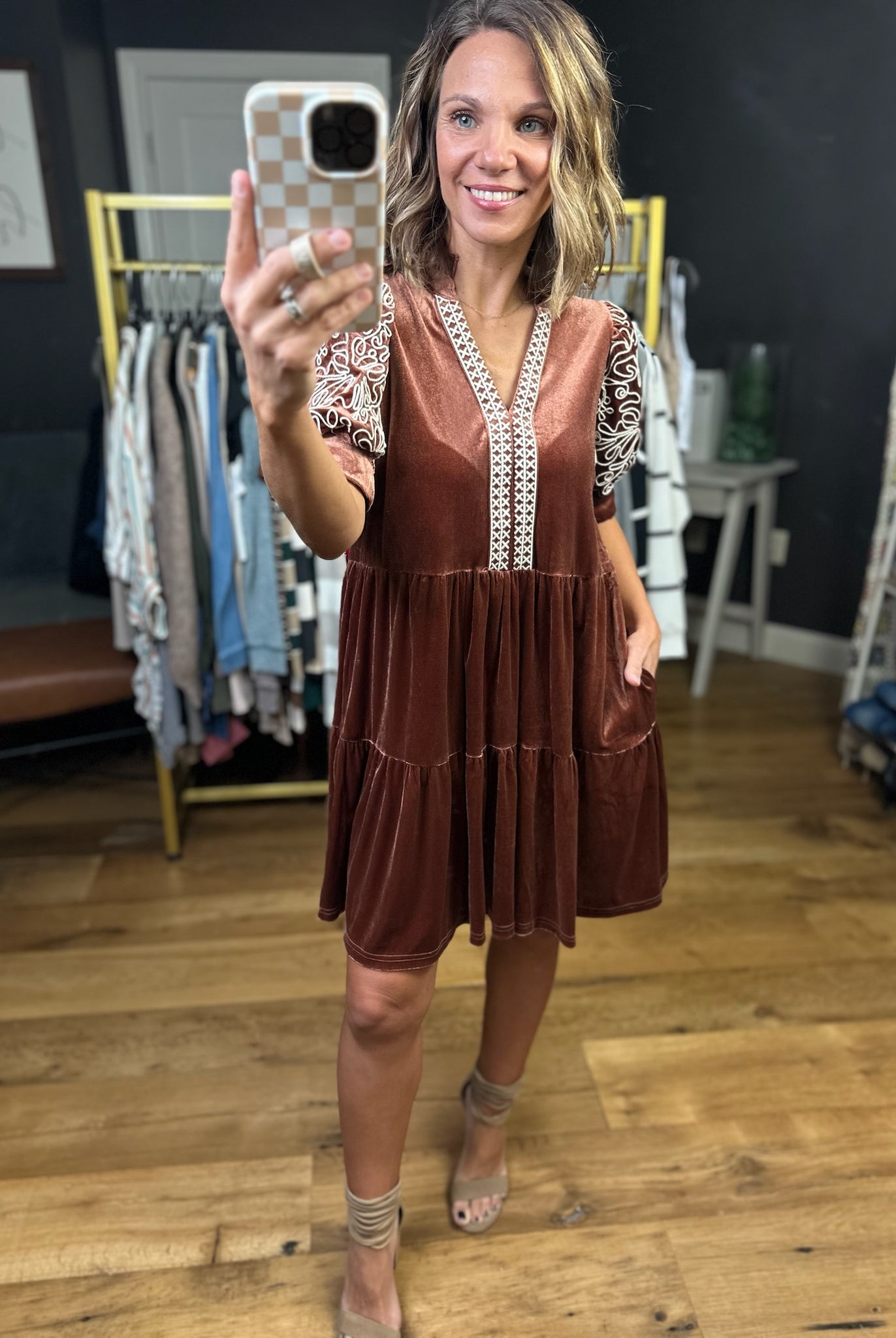 Ties To You Crushed Velvet Dress - Cinnamon-Entro-Anna Kaytes Boutique, Women's Fashion Boutique in Grinnell, Iowa