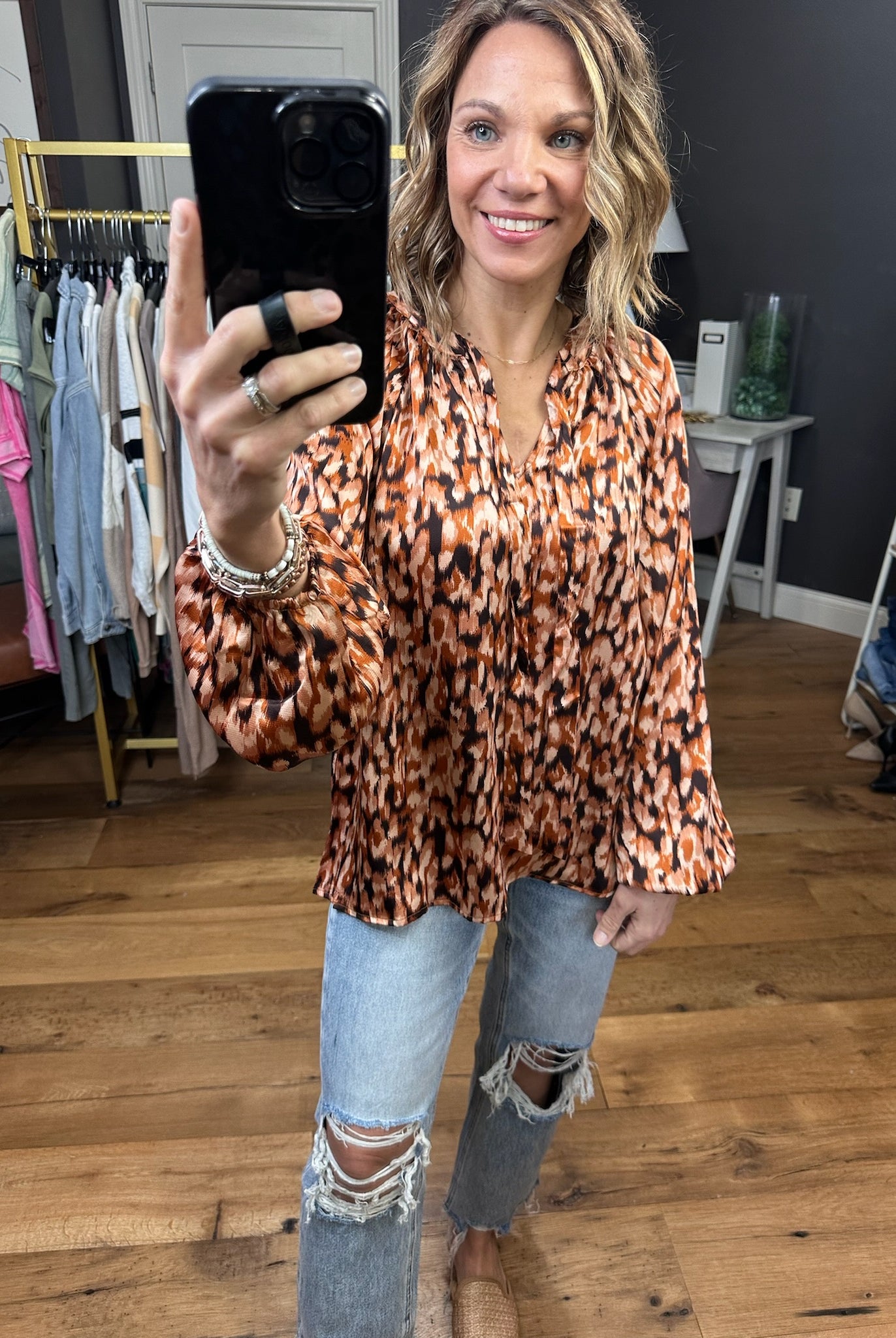 Clock Is Ticking Patterned Balloon Sleeve Top - Brown Multi-Long Sleeves-Skies Are Blue 43636-Anna Kaytes Boutique, Women's Fashion Boutique in Grinnell, Iowa