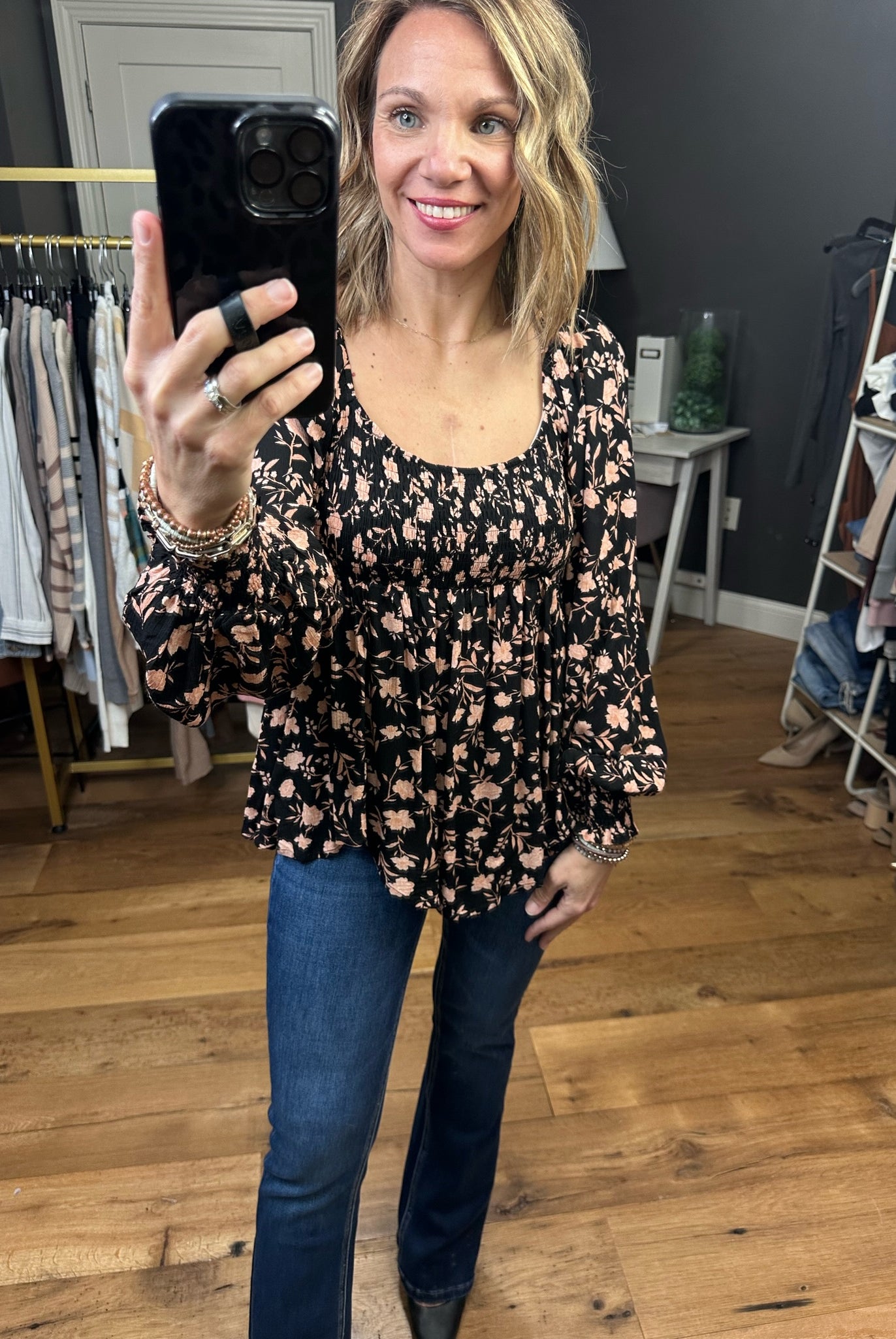 Count Me In Floral Peplum Top With Ruching Detail - Black Multi-Long Sleeves-By Together L6878-Anna Kaytes Boutique, Women's Fashion Boutique in Grinnell, Iowa
