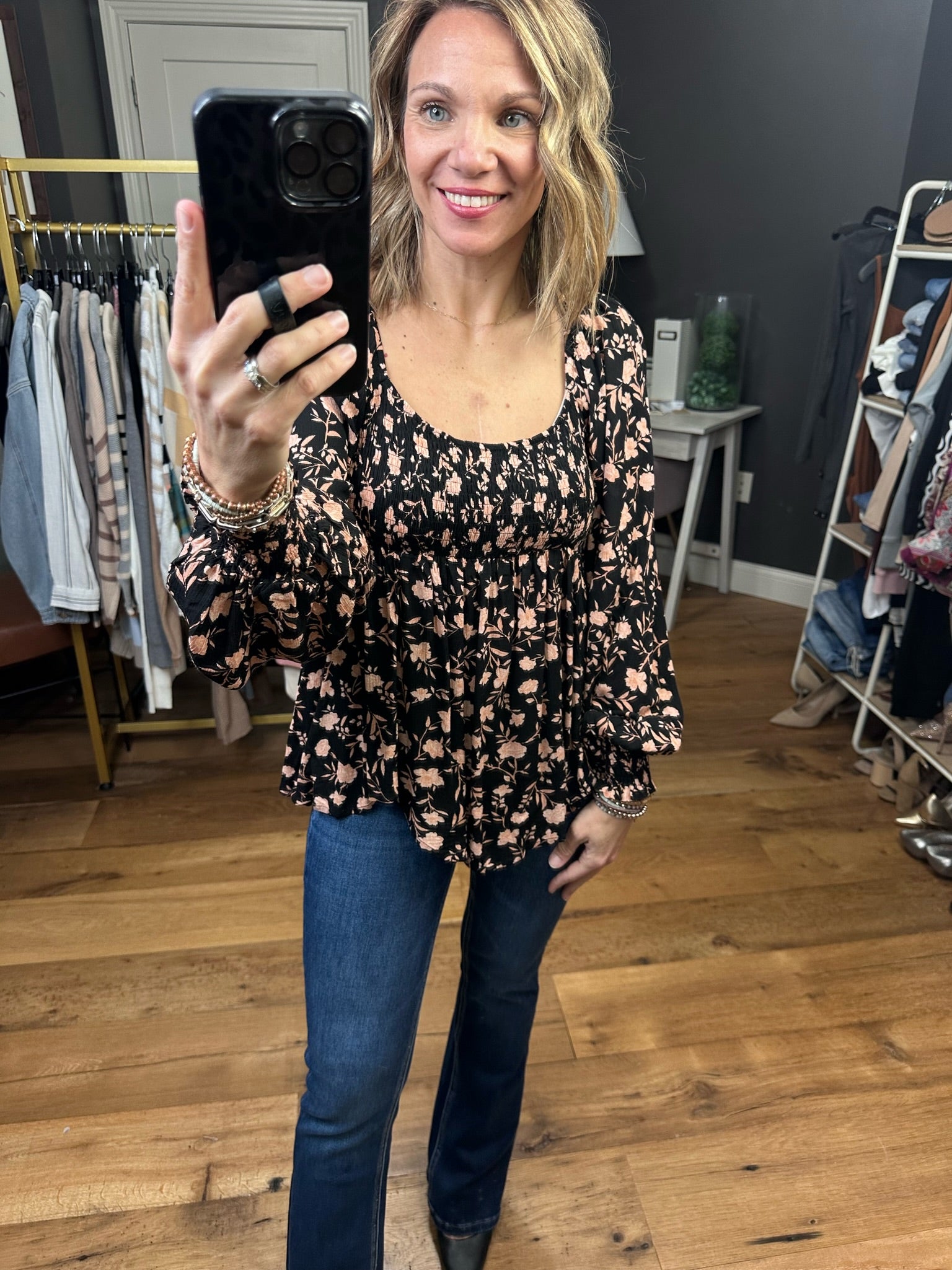 Count Me In Floral Peplum Top With Ruching Detail - Black Multi-Long Sleeves-By Together L6878-Anna Kaytes Boutique, Women's Fashion Boutique in Grinnell, Iowa