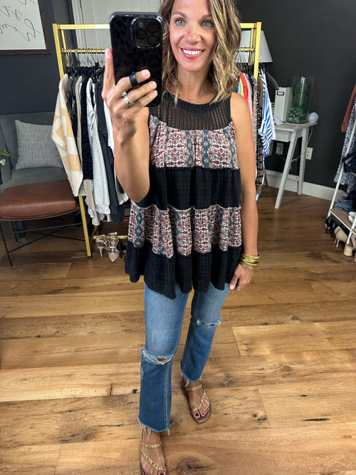 Count Me In Flowy Contrasting Top With Crochet Detail - Black-Pol FWT429-Anna Kaytes Boutique, Women's Fashion Boutique in Grinnell, Iowa