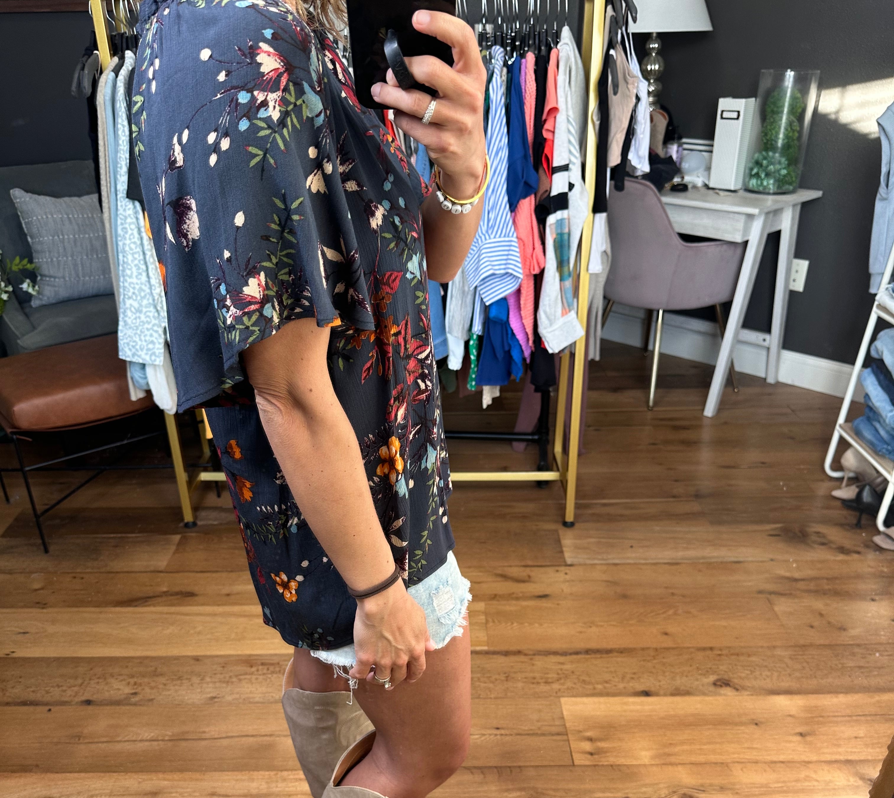 Walking Among the Wildflowers Dark Teal Flowy Top-Short Sleeves-LesAmisT1502D-Anna Kaytes Boutique, Women's Fashion Boutique in Grinnell, Iowa