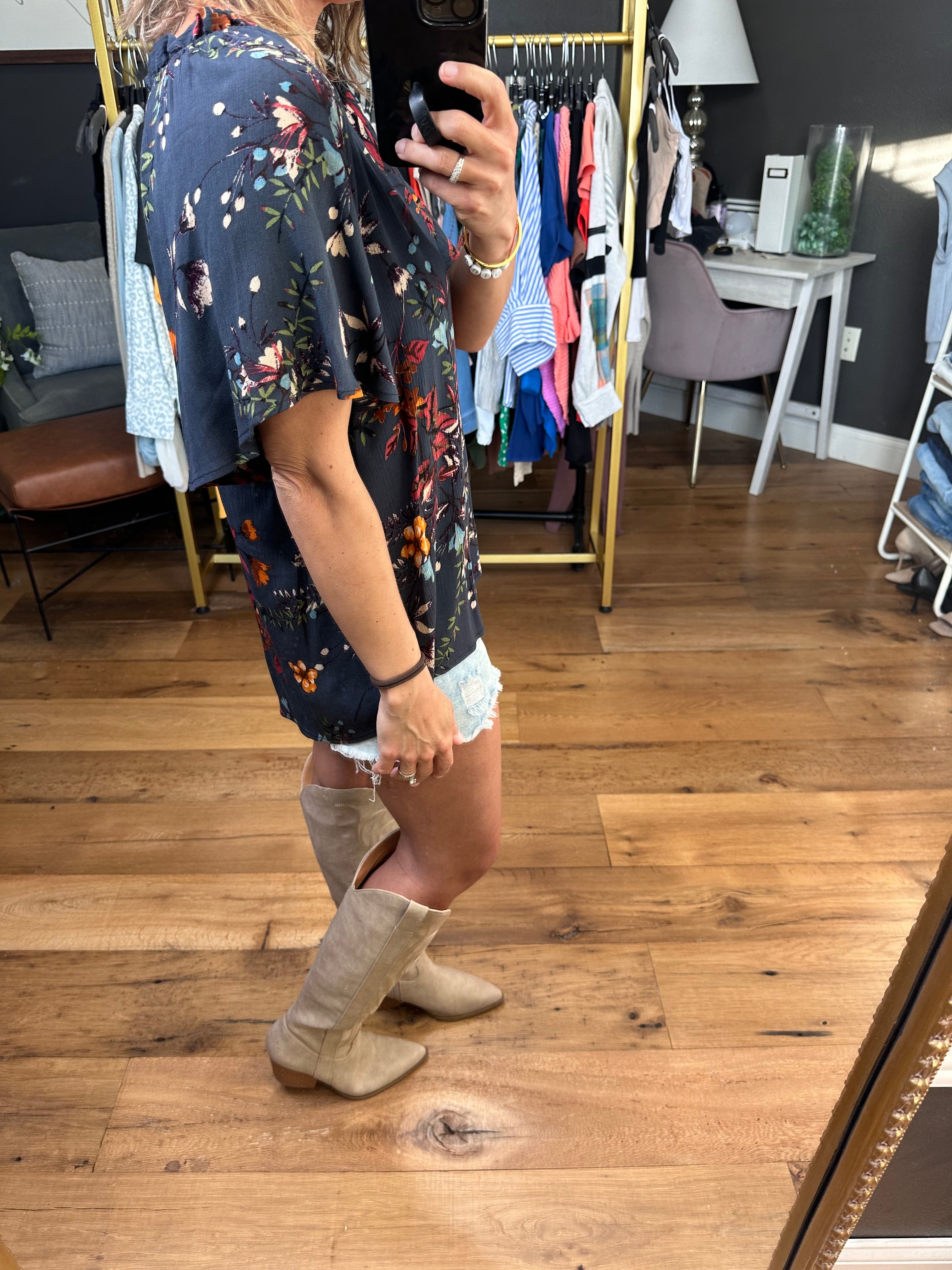 Walking Among the Wildflowers Dark Teal Flowy Top-Short Sleeves-LesAmisT1502D-Anna Kaytes Boutique, Women's Fashion Boutique in Grinnell, Iowa