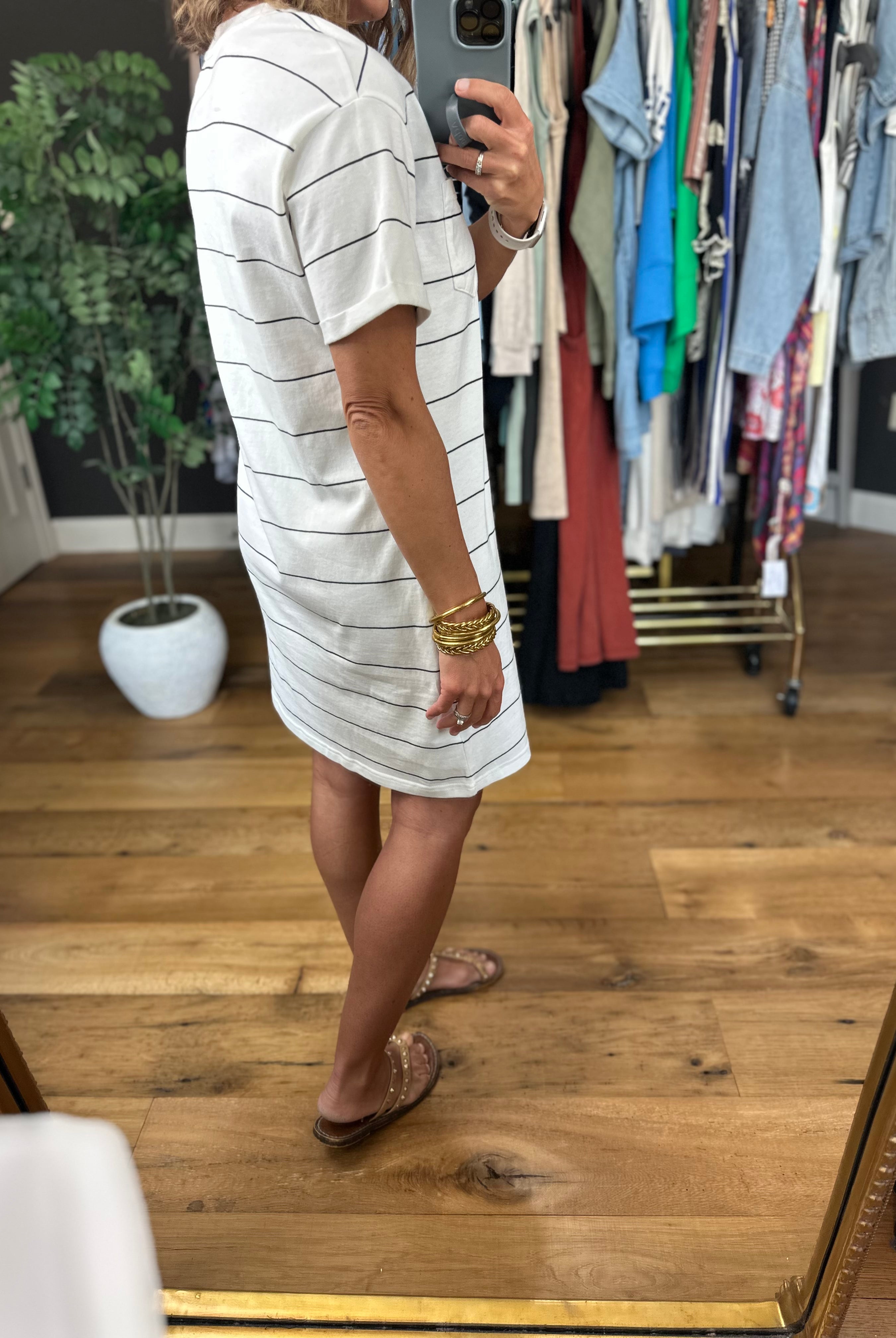 The Kick Back Striped Pocket T-Shirt Dress-Dresses-Thread & Supply-Anna Kaytes Boutique, Women's Fashion Boutique in Grinnell, Iowa