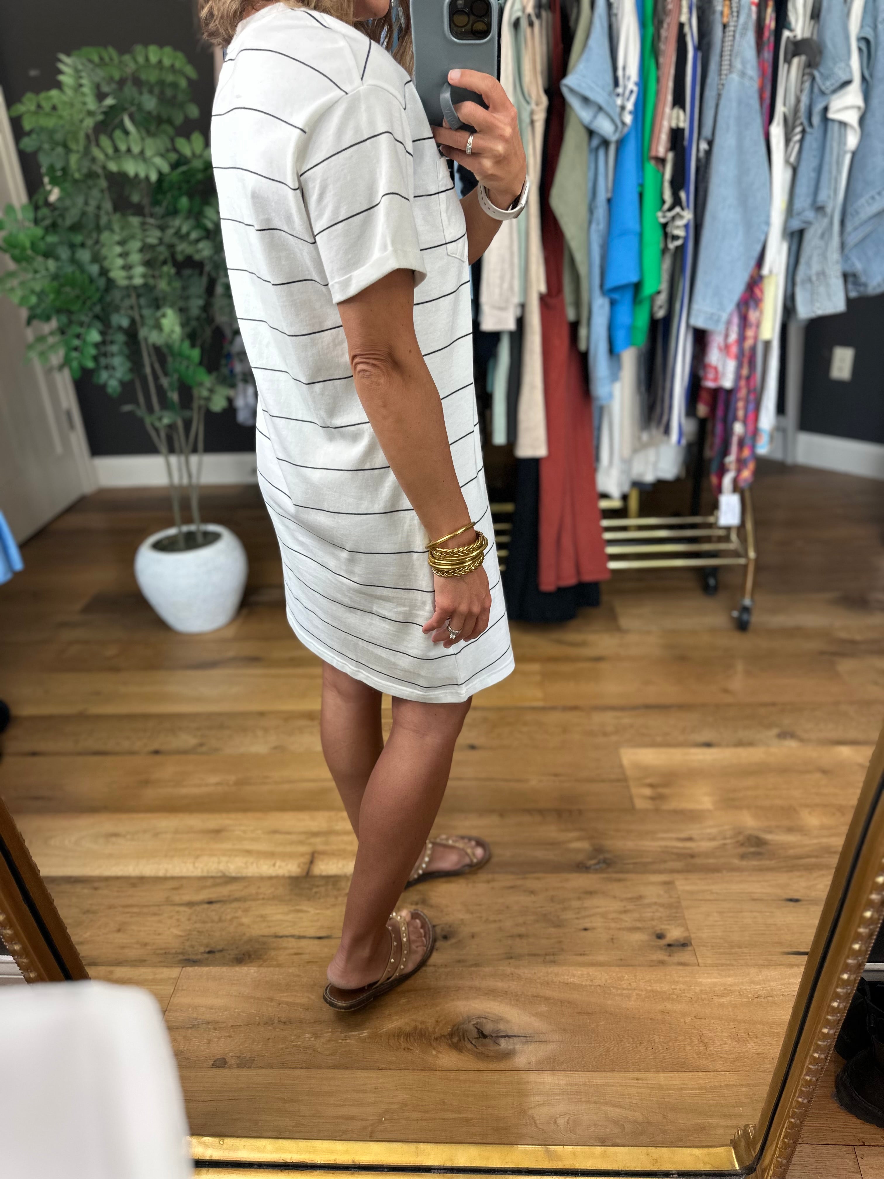 The Kick Back Striped Pocket T-Shirt Dress-Dresses-Thread & Supply-Anna Kaytes Boutique, Women's Fashion Boutique in Grinnell, Iowa