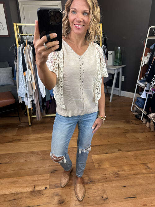 Memorial Moments Crochet Detail Knit Top - Taupe-Fate FW15153-Anna Kaytes Boutique, Women's Fashion Boutique in Grinnell, Iowa
