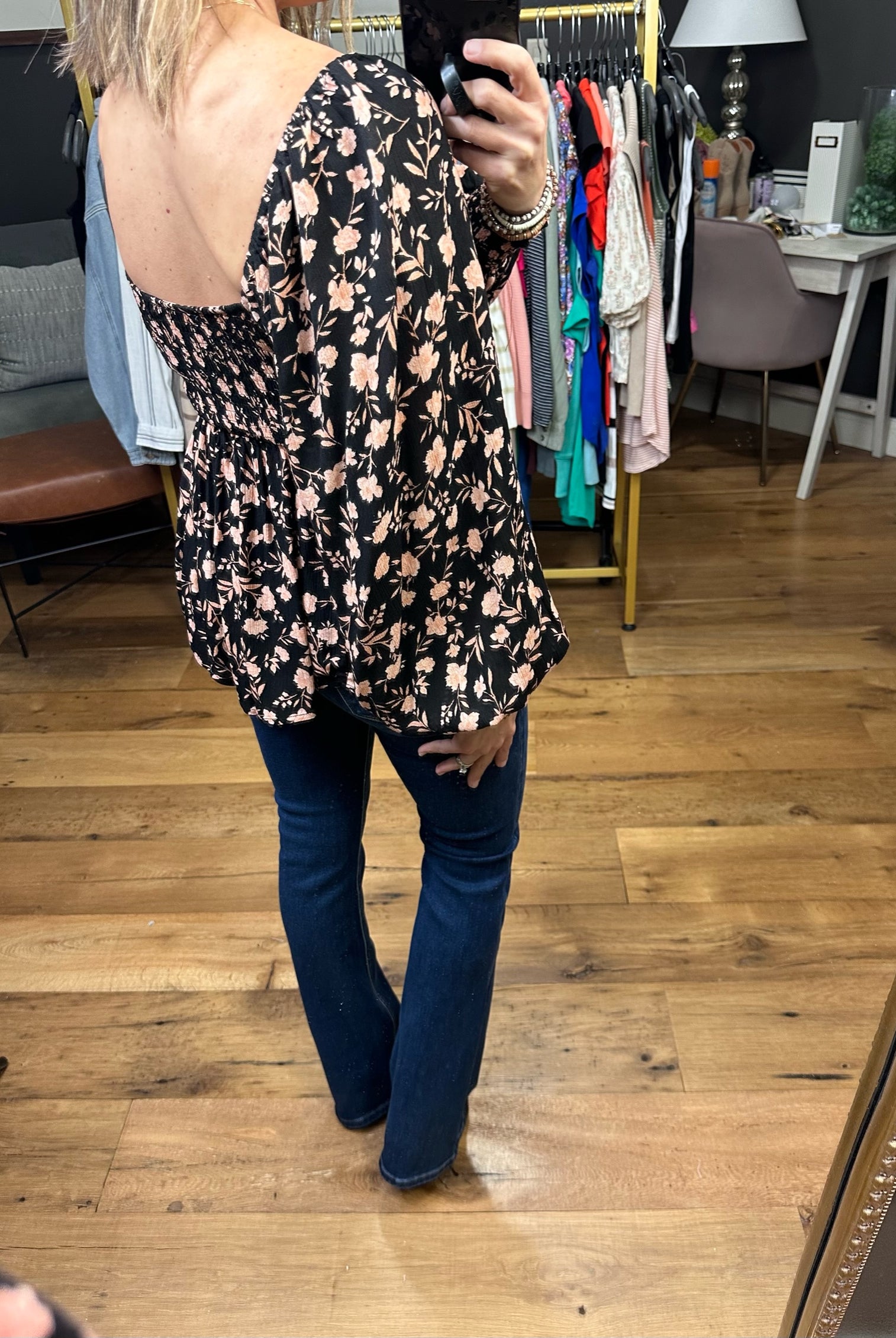 Count Me In Floral Peplum Top With Ruching Detail - Black Multi-Long Sleeves-By Together L6878-Anna Kaytes Boutique, Women's Fashion Boutique in Grinnell, Iowa