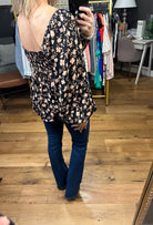 Count Me In Floral Peplum Top With Ruching Detail - Black Multi-Long Sleeves-By Together L6878-Anna Kaytes Boutique, Women's Fashion Boutique in Grinnell, Iowa