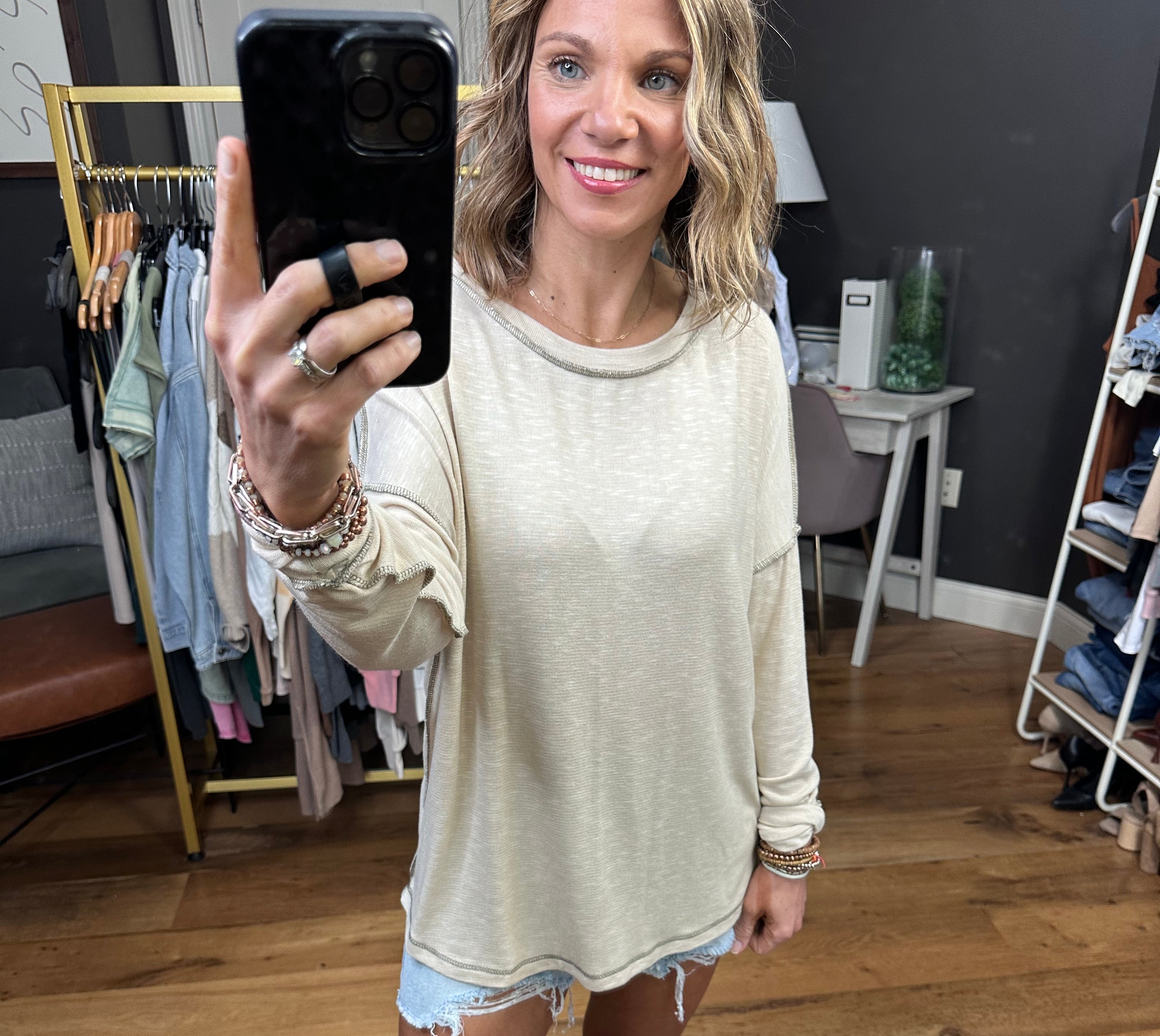 True Already Washed Raw Hem Long Sleeve Top - Oatmeal-Long Sleeves-Staccato 17125c-Anna Kaytes Boutique, Women's Fashion Boutique in Grinnell, Iowa