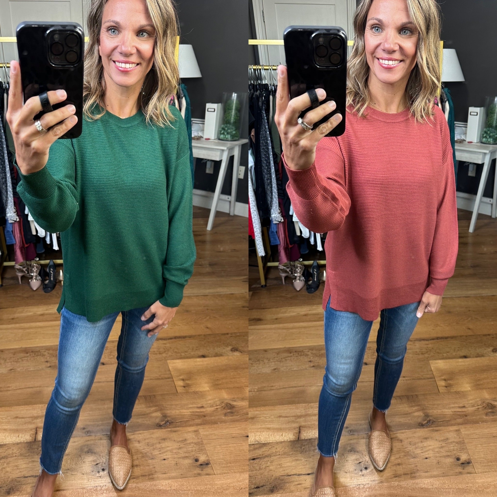 Capture The Moment Textured Crew Sweater With Slit Hem Detail - Multiple Options