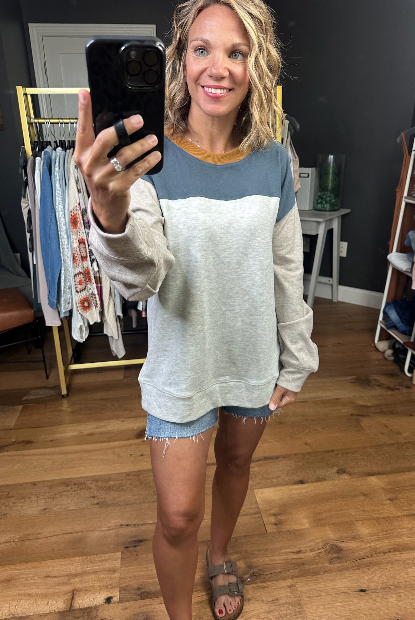 The Way It Works Colorblock Crew - Slate Grey-Sweaters-Hem & Thread 35809-Anna Kaytes Boutique, Women's Fashion Boutique in Grinnell, Iowa