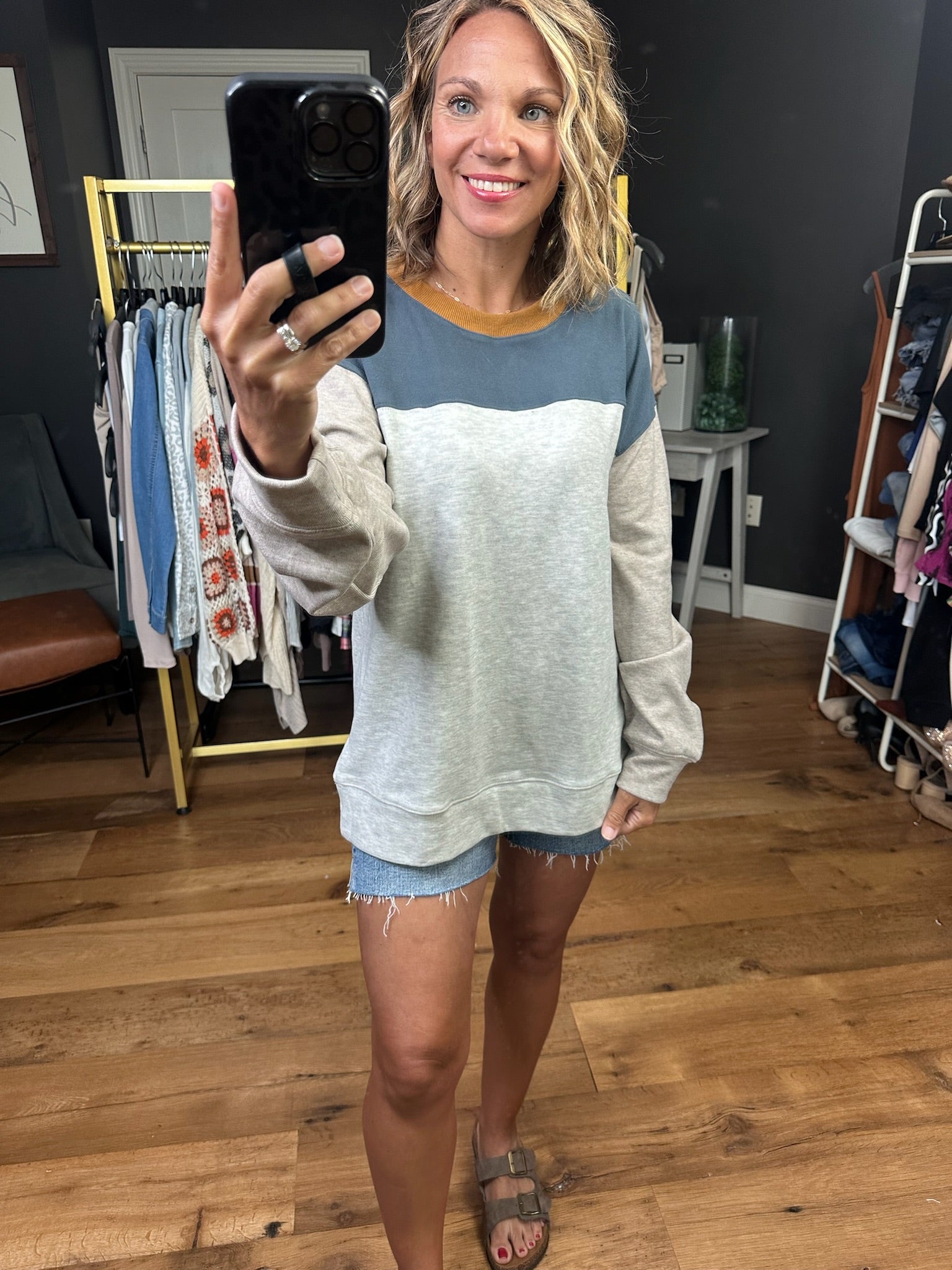 The Way It Works Colorblock Crew - Slate Grey-Sweaters-Hem & Thread 35809-Anna Kaytes Boutique, Women's Fashion Boutique in Grinnell, Iowa