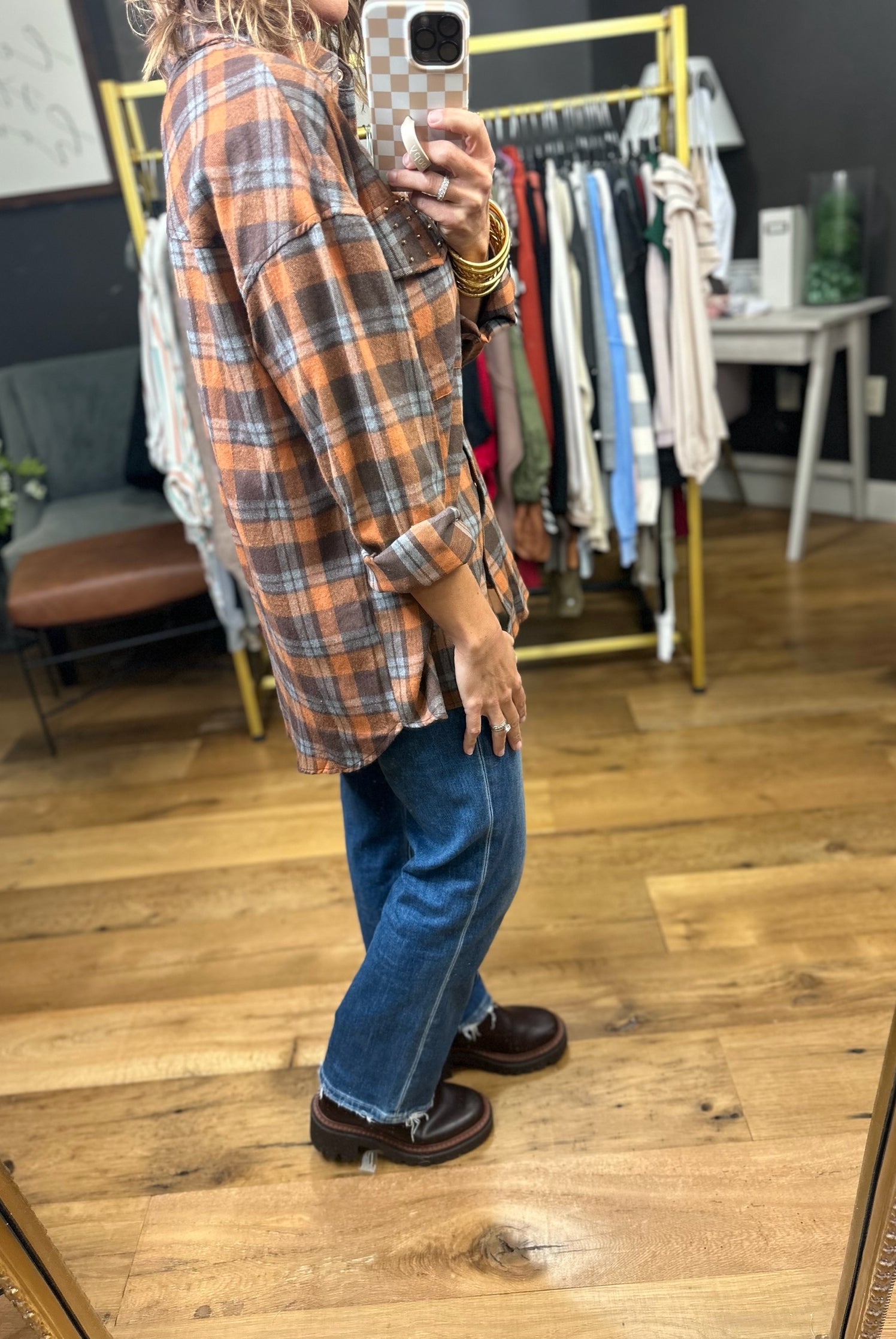 Upside Plaid Button-Down Top - Mocha-Entro-Anna Kaytes Boutique, Women's Fashion Boutique in Grinnell, Iowa